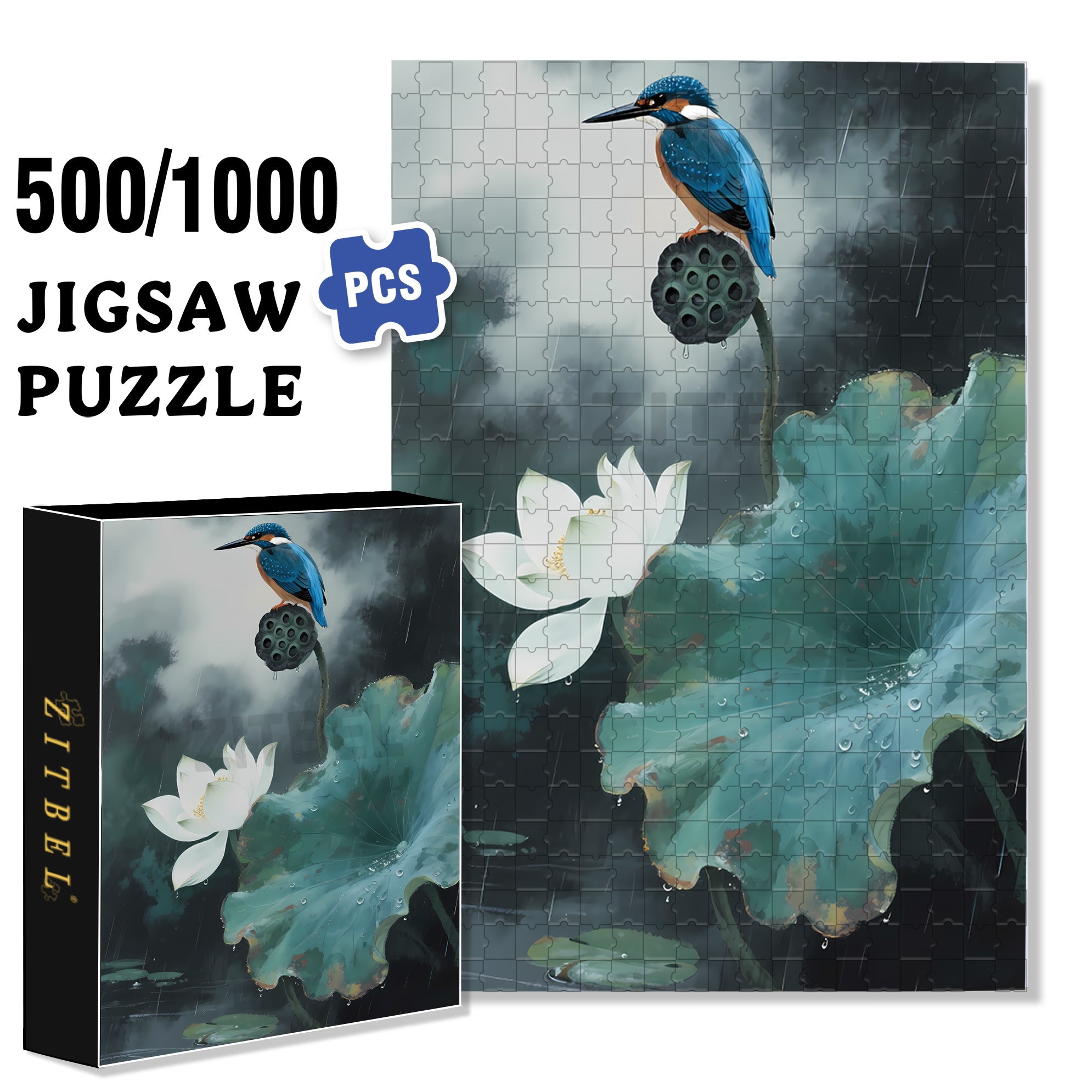 Lotus In The Rain 500pcs/1000pcs Jigsaw Puzzle, Scratch-Resistant, Interactive Family Game & Brain-Boosting DIY Decor, Perfect for Halloween, Christmas & New Year Gifts, Family Puzzle Game