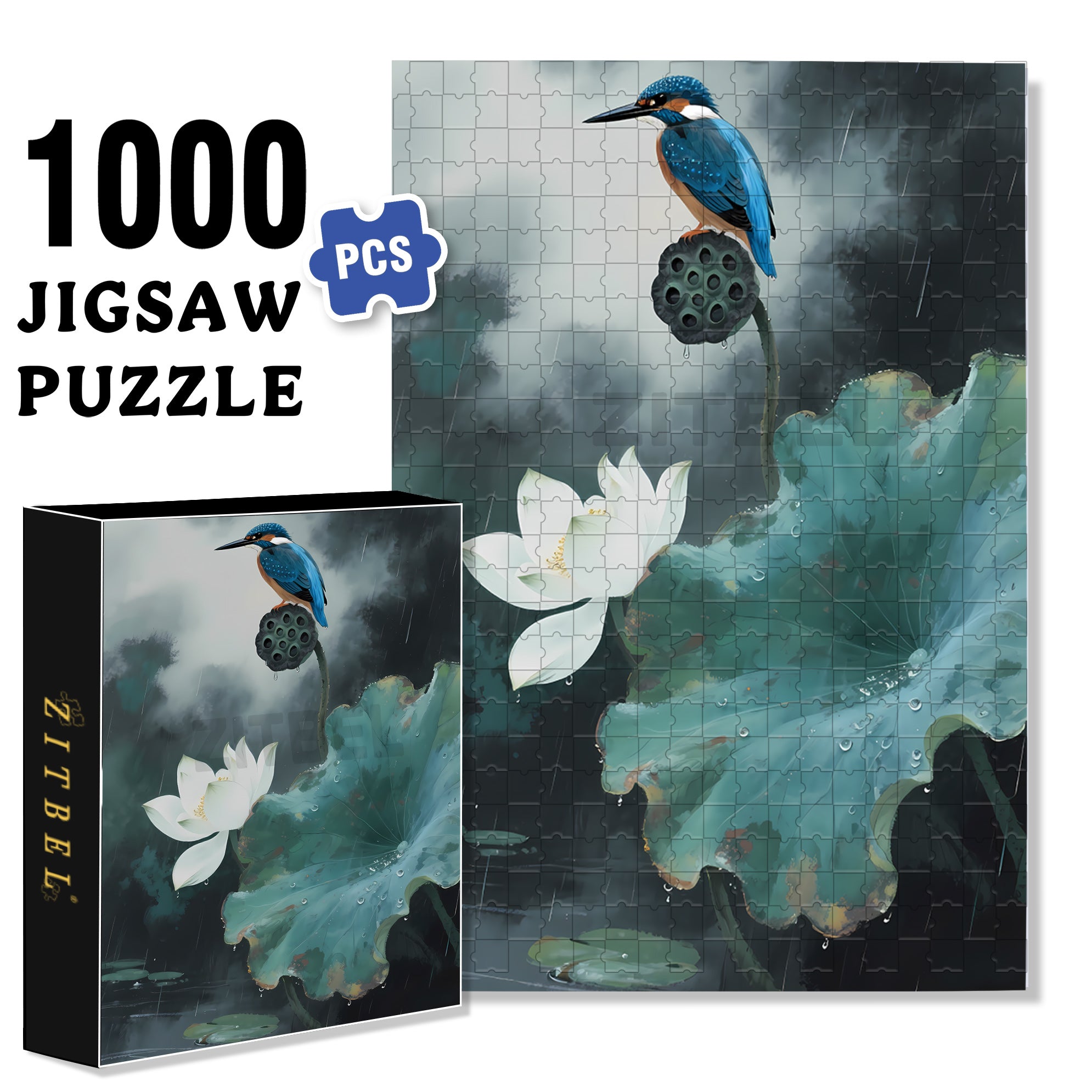 Lotus In The Rain 500pcs/1000pcs Jigsaw Puzzle, Scratch-Resistant, Interactive Family Game & Brain-Boosting DIY Decor, Perfect for Halloween, Christmas & New Year Gifts, Family Puzzle Game