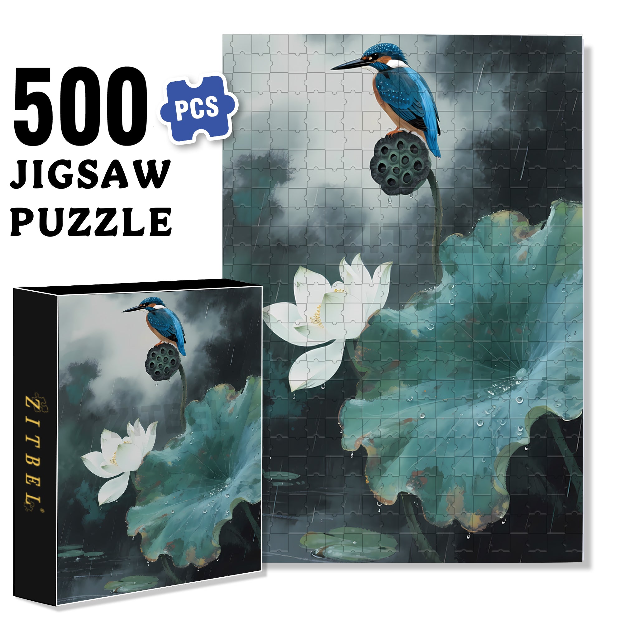 Lotus In The Rain 500pcs/1000pcs Jigsaw Puzzle, Scratch-Resistant, Interactive Family Game & Brain-Boosting DIY Decor, Perfect for Halloween, Christmas & New Year Gifts, Family Puzzle Game