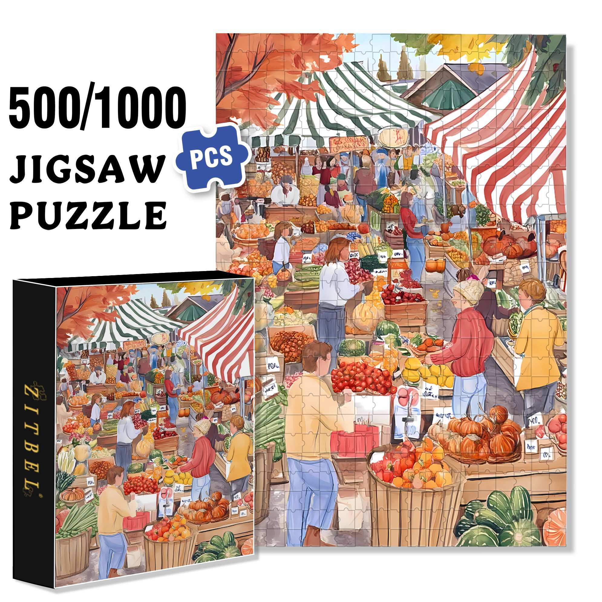 Morning market 500pcs/1000pcs Jigsaw Puzzle, Scratch-Resistant, Interactive Family Game & Brain-Boosting DIY Decor, Perfect for Halloween, Christmas & New Year Gifts, Family Puzzle Game
