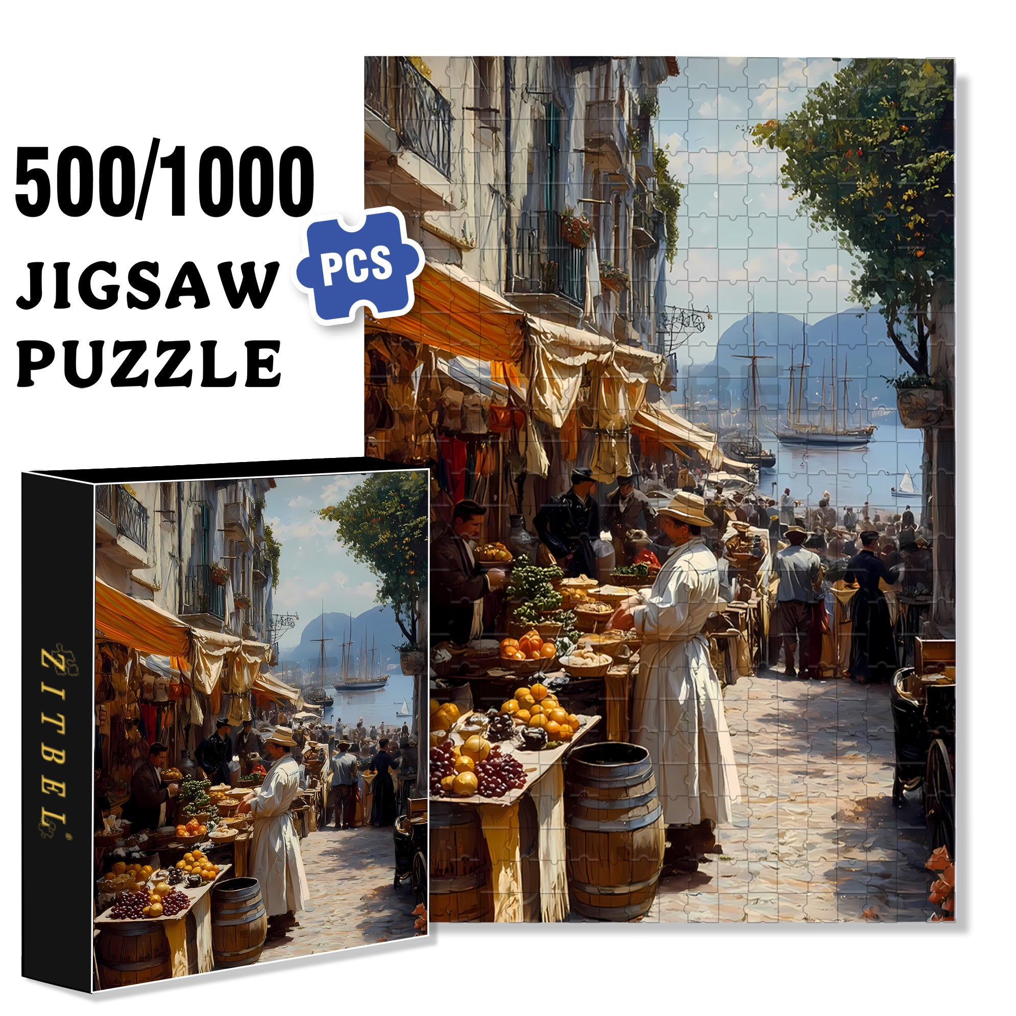 Old Market 500pcs/1000pcs Jigsaw Puzzle, Scratch-Resistant, Interactive Family Game & Brain-Boosting DIY Decor, Perfect for Halloween, Christmas & New Year Gifts, Family Puzzle Game
