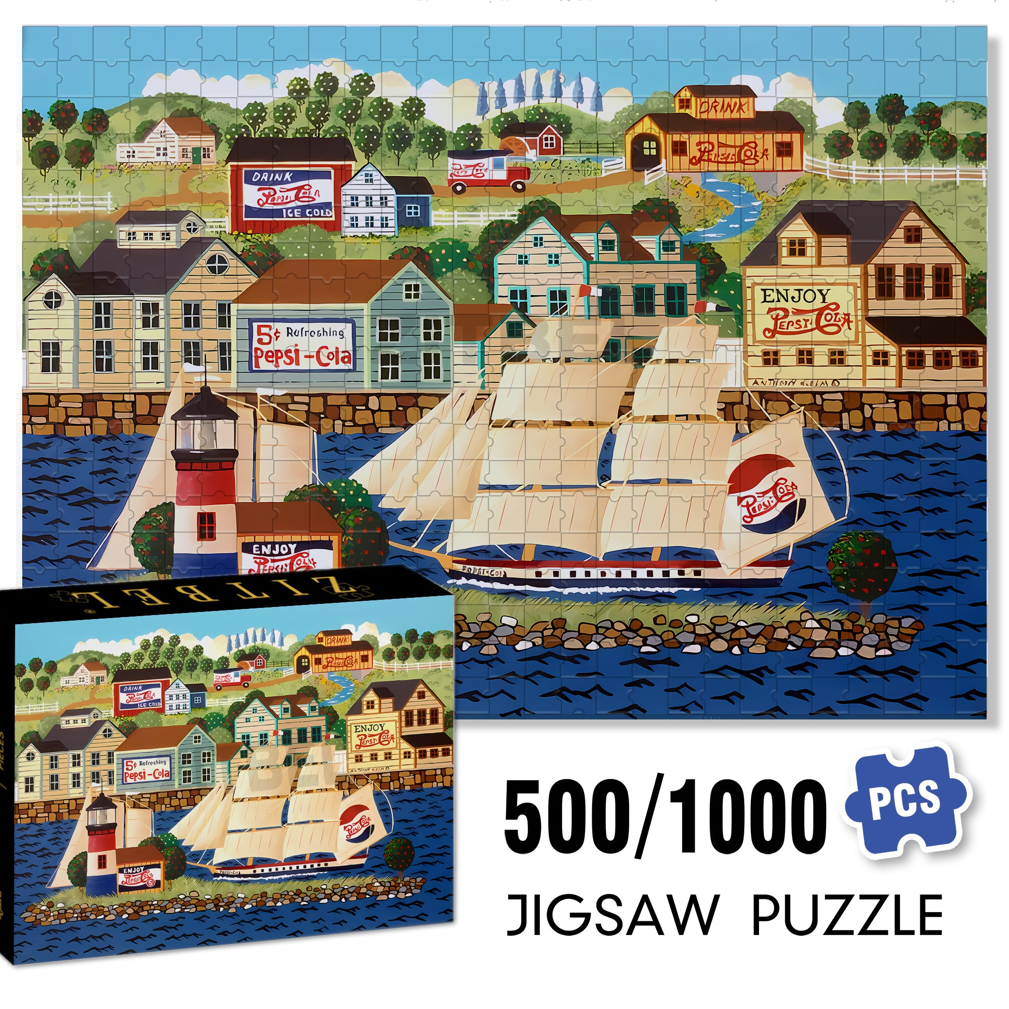 Pepsi Cola 2 500pcs/1000pcs Jigsaw Puzzle, Scratch-Resistant, Interactive Family Game & Brain-Boosting DIY Decor, Perfect for Halloween, Christmas & New Year Gifts, Family Puzzle Game
