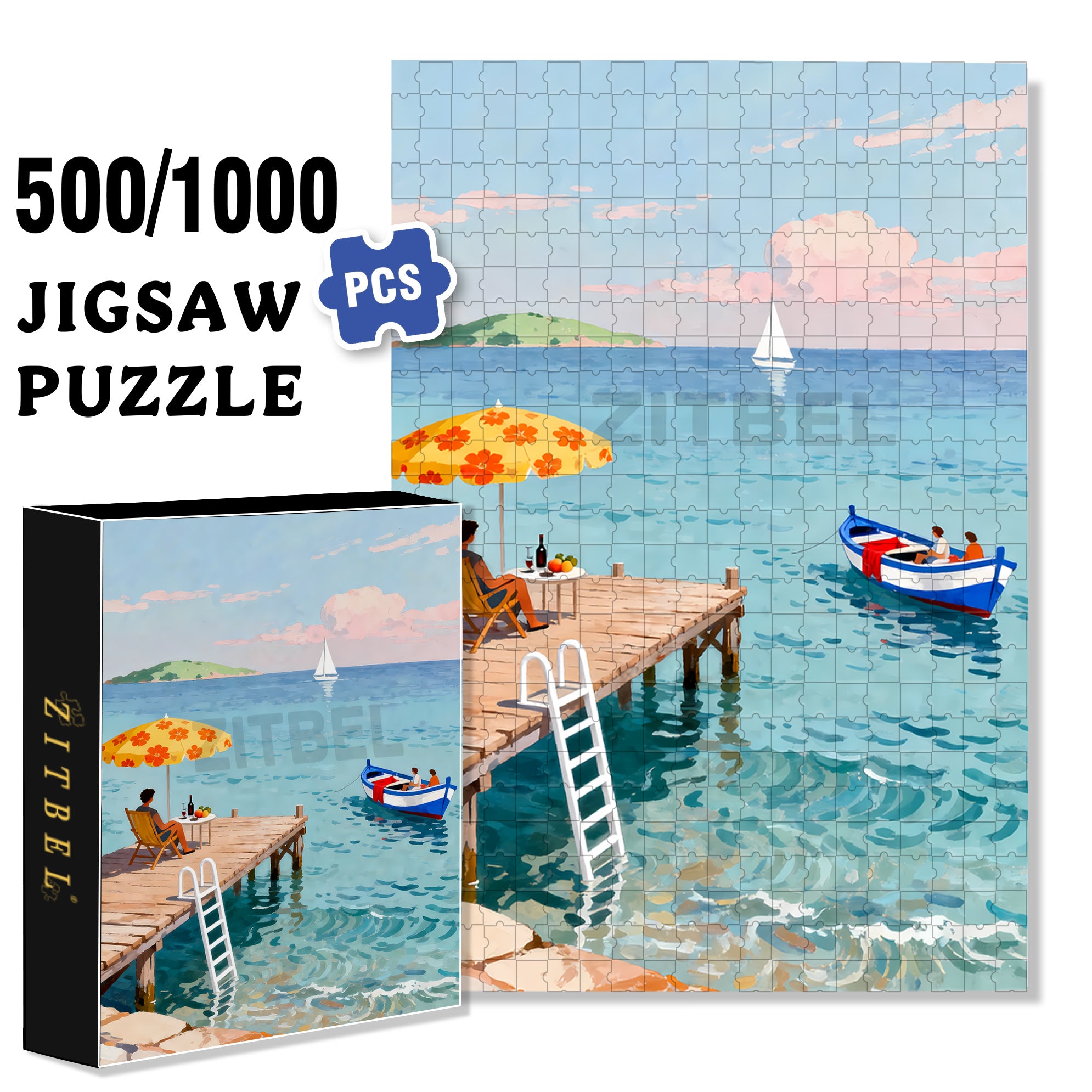 Seaside Pier 500pcs/1000pcs Jigsaw Puzzle, Scratch-Resistant, Interactive Family Game & Brain-Boosting DIY Decor, Perfect for Halloween, Christmas & New Year Gifts, Family Puzzle Game