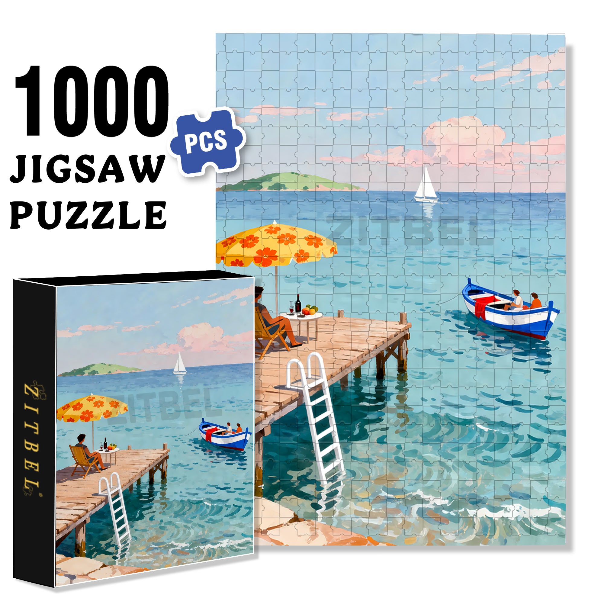 Seaside Pier 500pcs/1000pcs Jigsaw Puzzle, Scratch-Resistant, Interactive Family Game & Brain-Boosting DIY Decor, Perfect for Halloween, Christmas & New Year Gifts, Family Puzzle Game