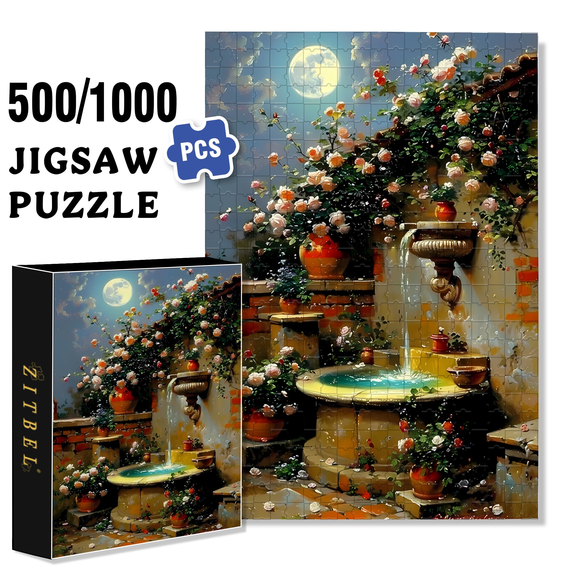 Tranquil Moonlit Gar 500pcs/1000pcs Jigsaw Puzzle, Scratch-Resistant, Interactive Family Game & Brain-Boosting DIY Decor, Perfect for Halloween, Christmas & New Year Gifts, Family Puzzle Game
