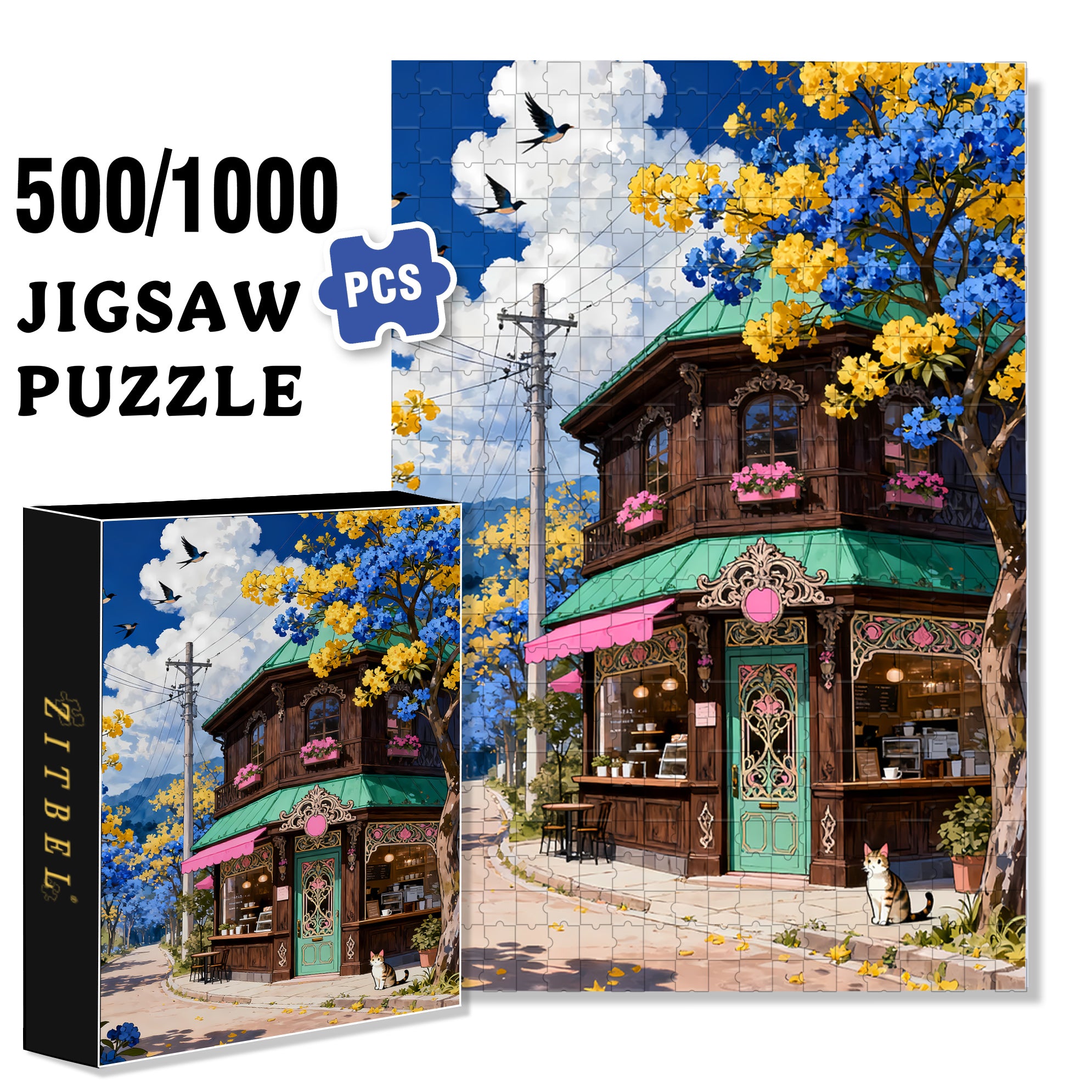 Wooden Coffee Shop 500pcs/1000pcs Jigsaw Puzzle, Scratch-Resistant, Interactive Family Game & Brain-Boosting DIY Decor, Perfect for Halloween, Christmas & New Year Gifts, Family Puzzle Game