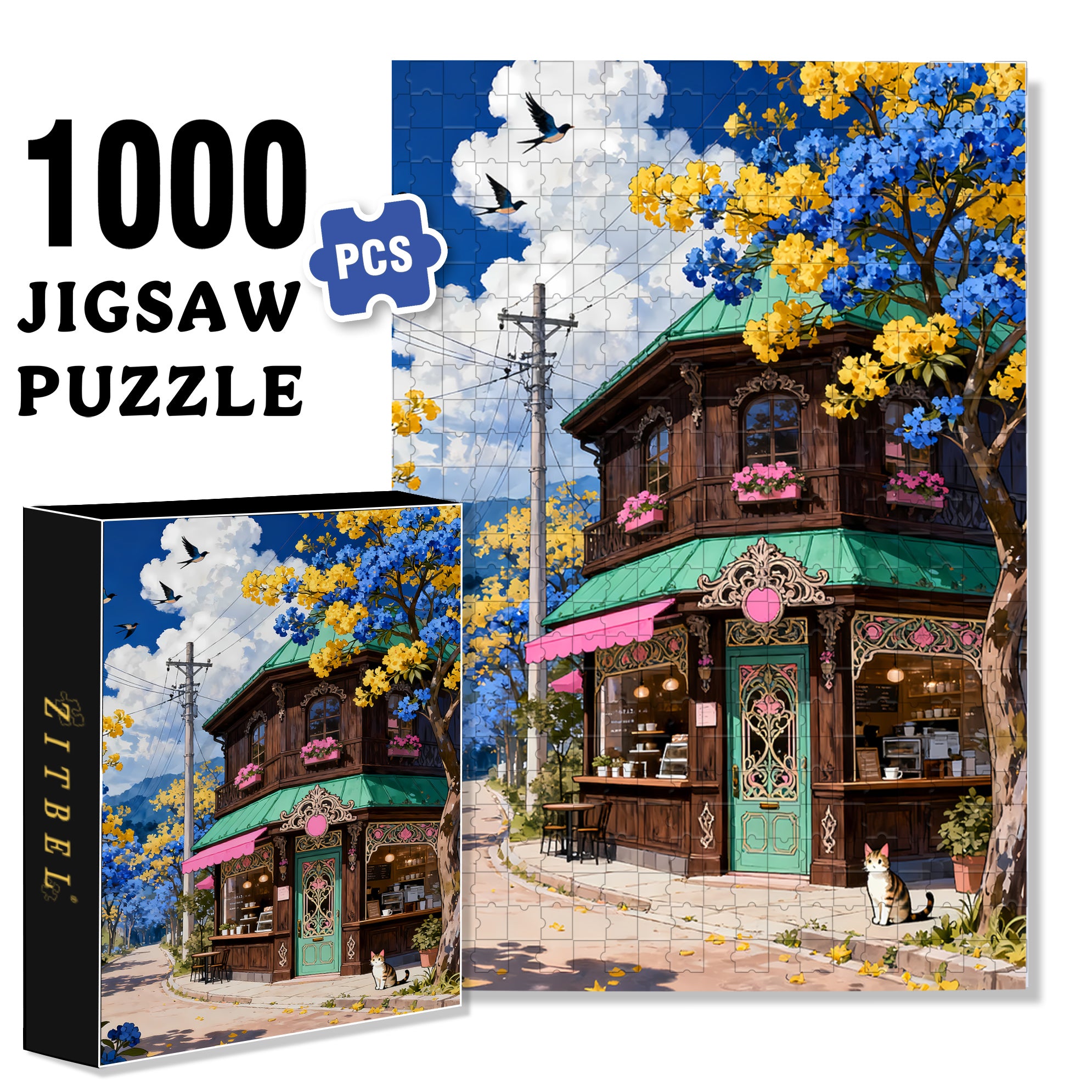 Wooden Coffee Shop 500pcs/1000pcs Jigsaw Puzzle, Scratch-Resistant, Interactive Family Game & Brain-Boosting DIY Decor, Perfect for Halloween, Christmas & New Year Gifts, Family Puzzle Game