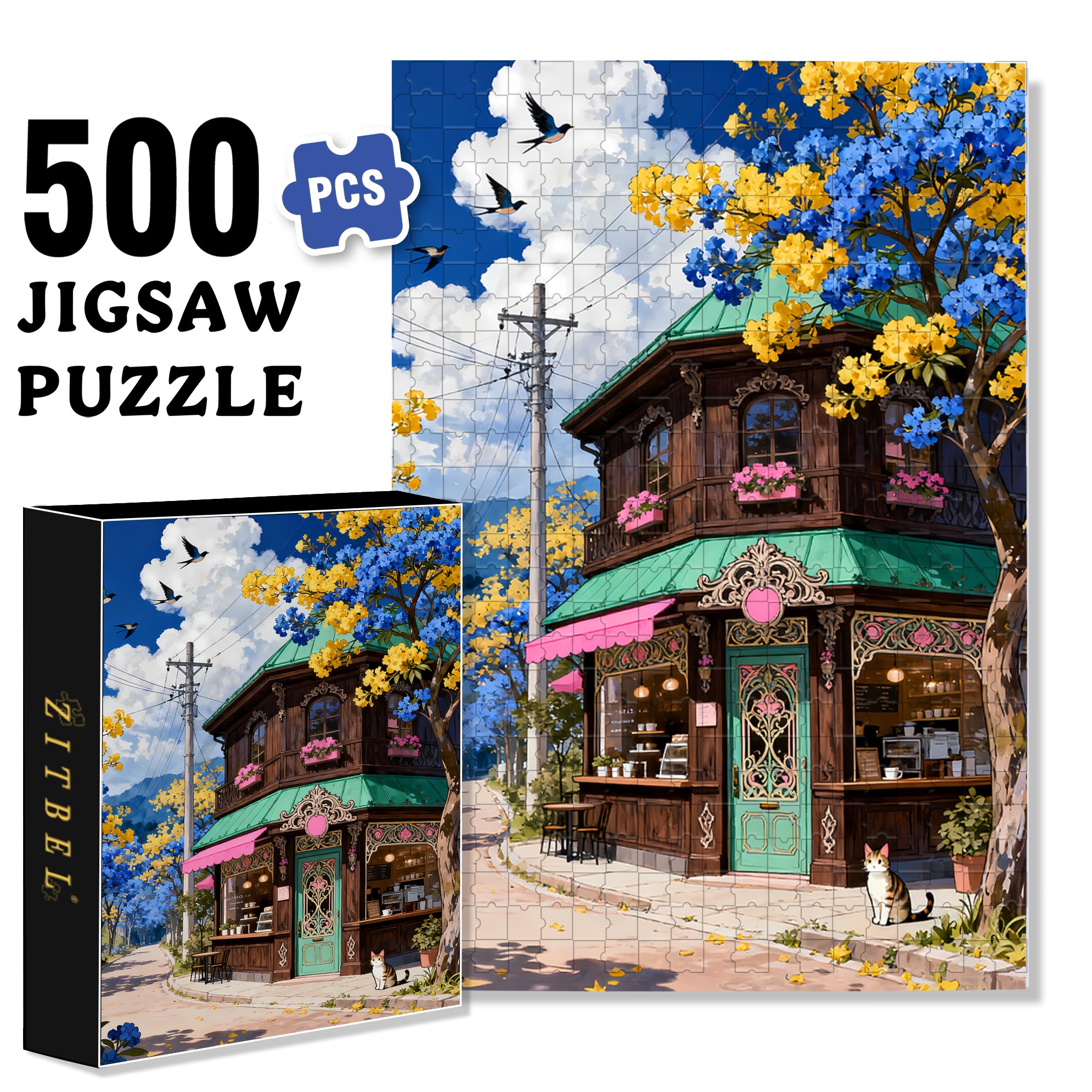 Wooden Coffee Shop 500pcs/1000pcs Jigsaw Puzzle, Scratch-Resistant, Interactive Family Game & Brain-Boosting DIY Decor, Perfect for Halloween, Christmas & New Year Gifts, Family Puzzle Game