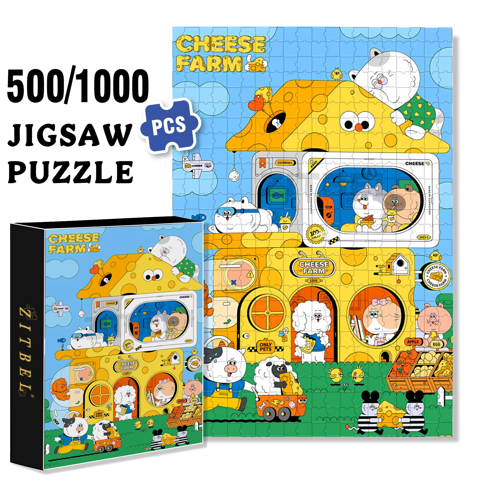 Cheese Farm 500pcs/1000pcs Jigsaw Puzzle, Scratch-Resistant, Interactive Family Game & Brain-Boosting DIY Decor, Perfect for Halloween, Christmas & New Year Gifts, Family Puzzle Game