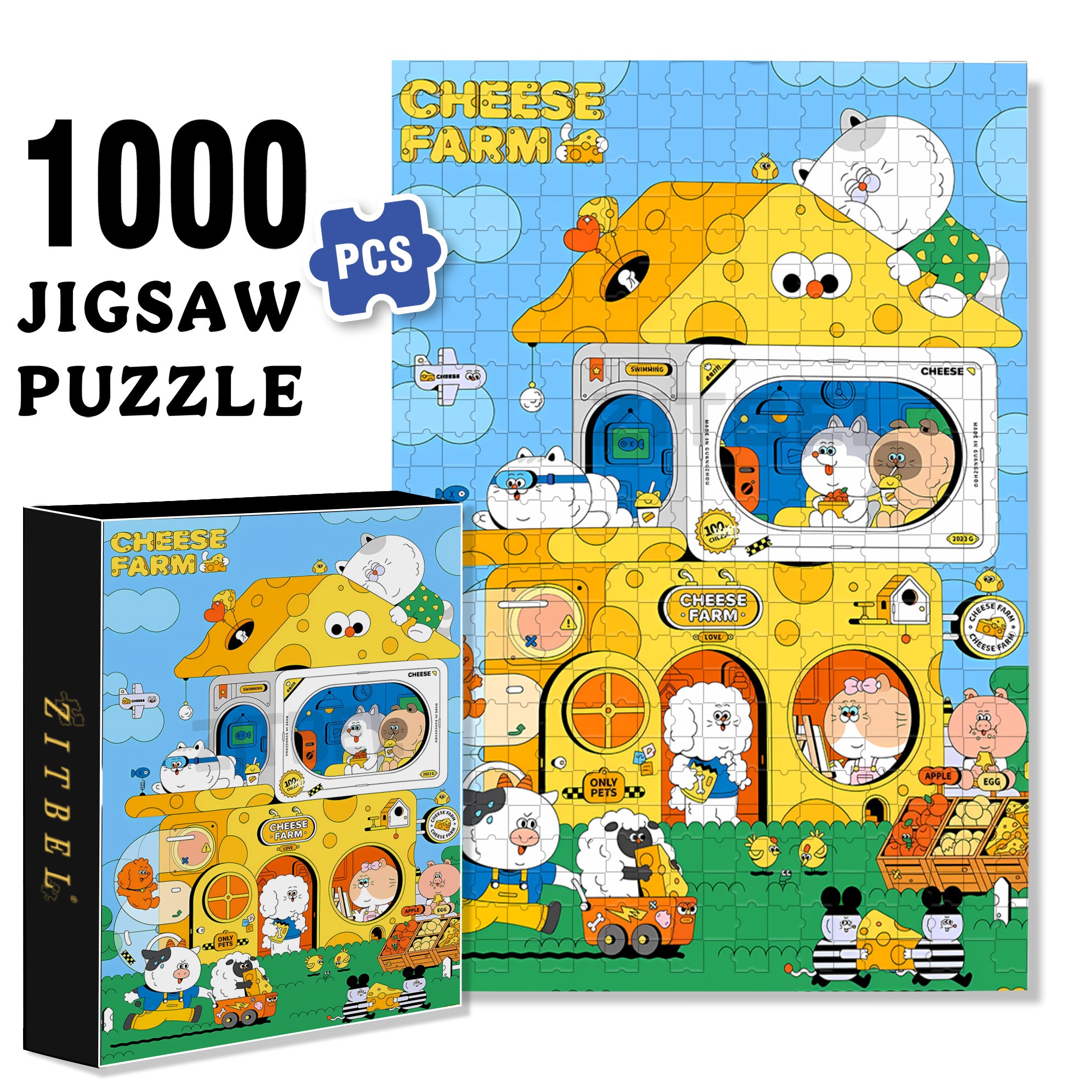 Cheese Farm 500pcs/1000pcs Jigsaw Puzzle, Scratch-Resistant, Interactive Family Game & Brain-Boosting DIY Decor, Perfect for Halloween, Christmas & New Year Gifts, Family Puzzle Game