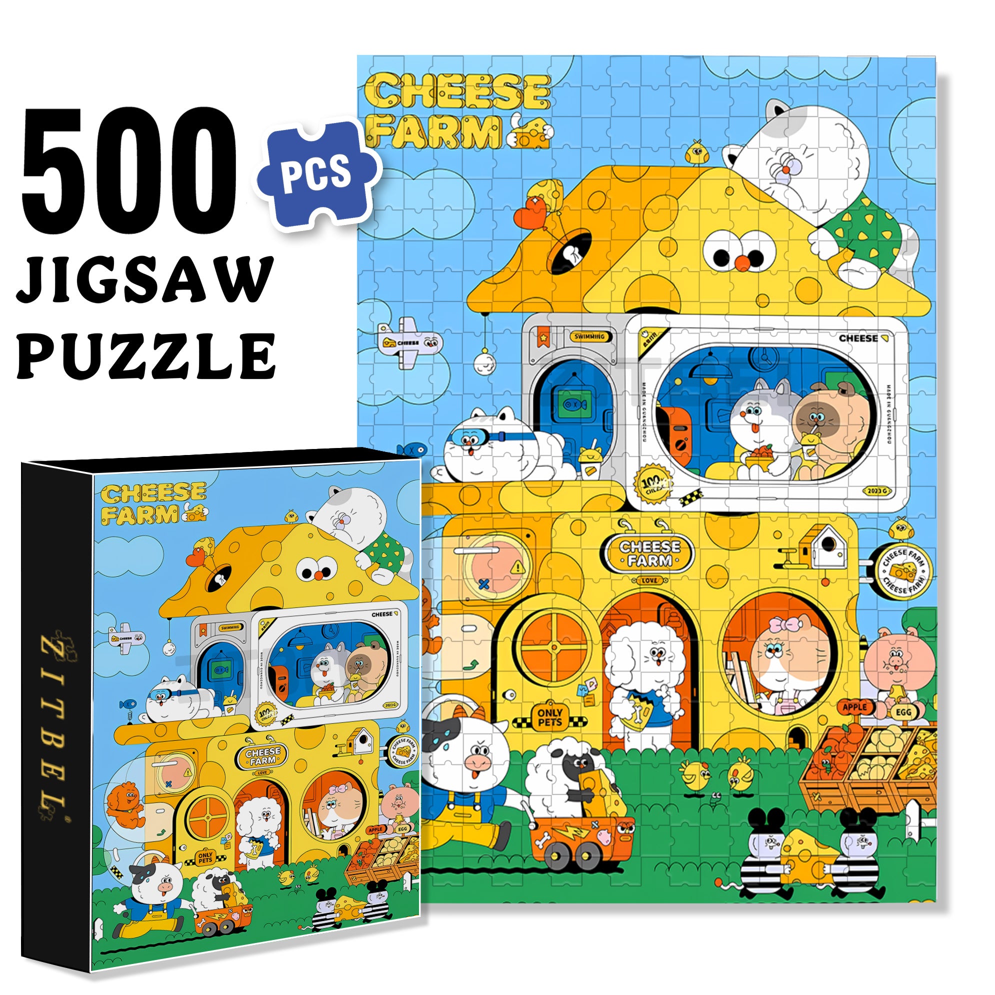 Cheese Farm 500pcs/1000pcs Jigsaw Puzzle, Scratch-Resistant, Interactive Family Game & Brain-Boosting DIY Decor, Perfect for Halloween, Christmas & New Year Gifts, Family Puzzle Game