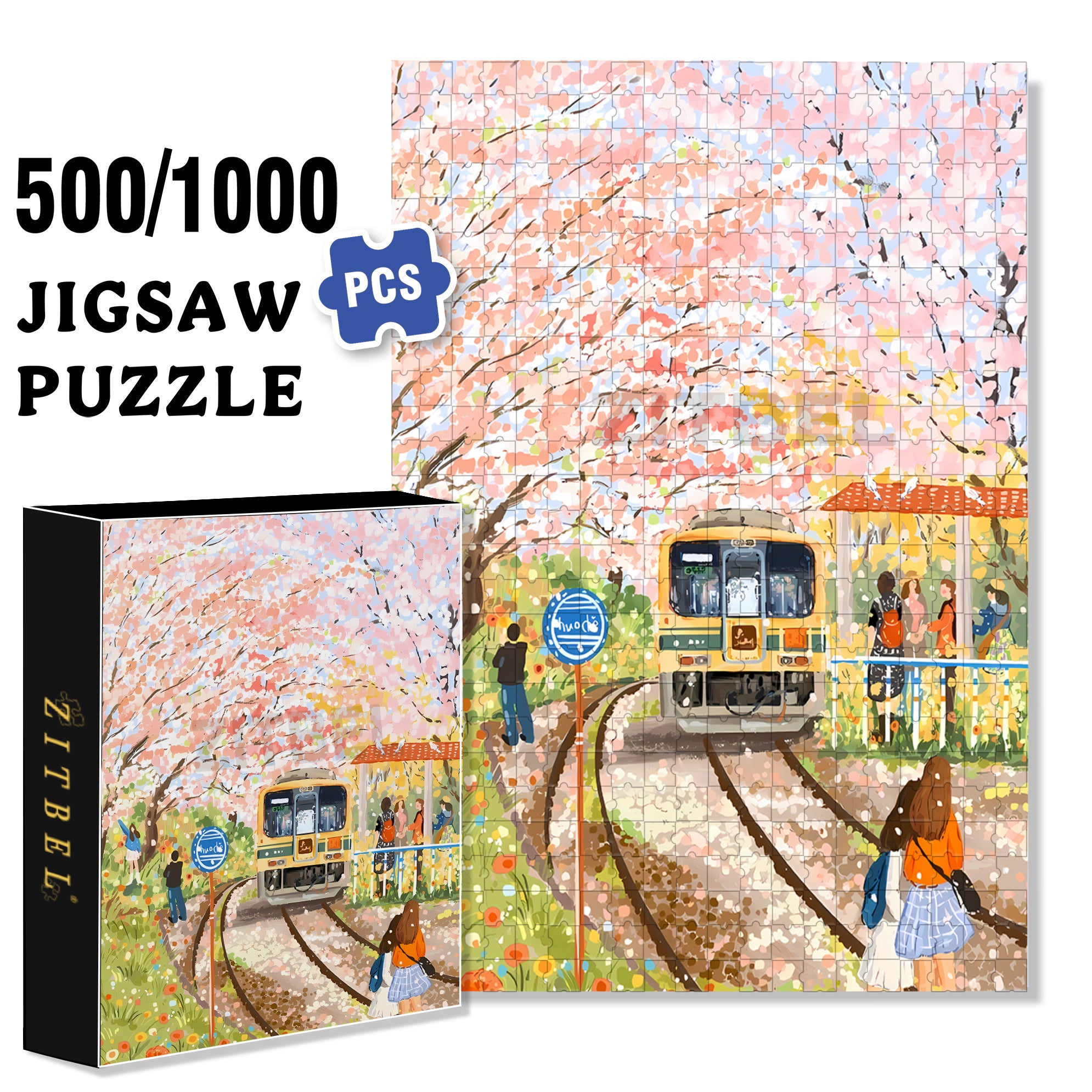 Cherry Blossom Trees 500pcs/1000pcs Jigsaw Puzzle, Scratch-Resistant, Interactive Family Game & Brain-Boosting DIY Decor, Perfect for Halloween, Christmas & New Year Gifts, Family Puzzle Game