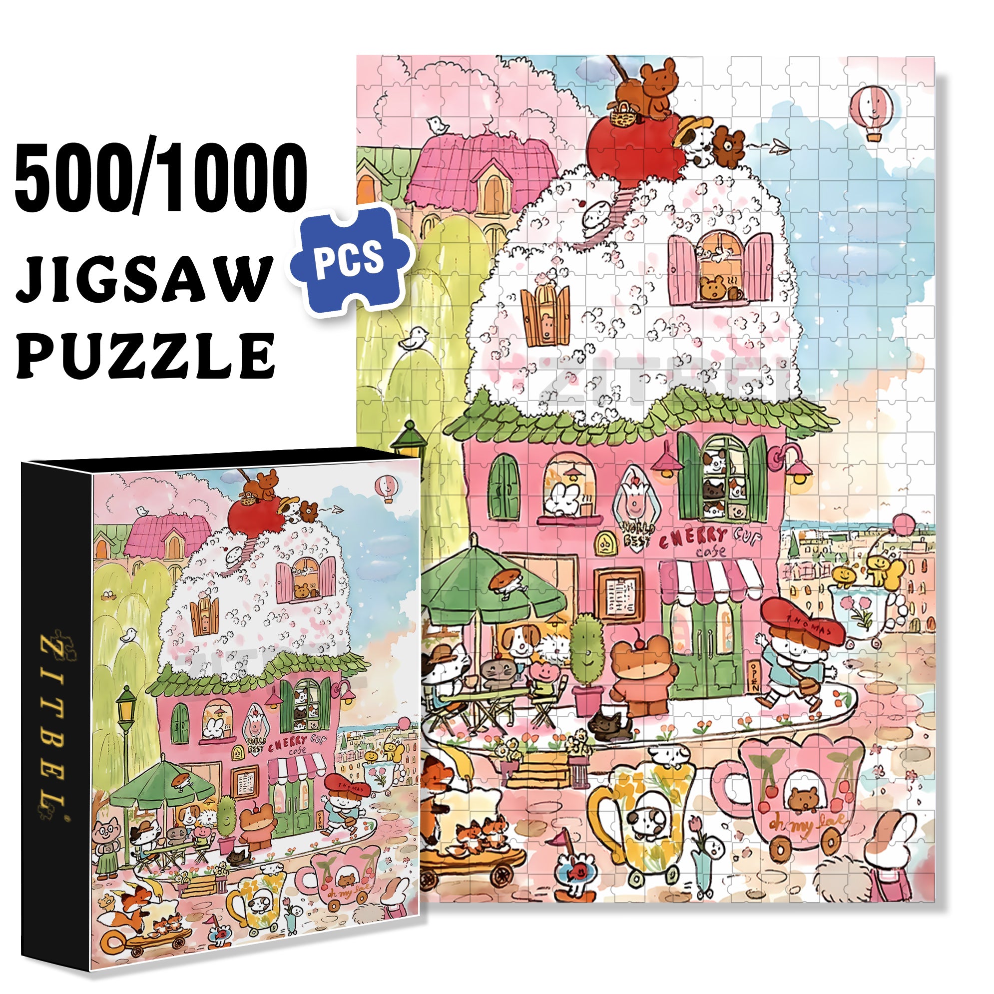 Cherry Cup Cake 500pcs/1000pcs Jigsaw Puzzle, Scratch-Resistant, Interactive Family Game & Brain-Boosting DIY Decor, Perfect for Halloween, Christmas & New Year Gifts, Family Puzzle Game