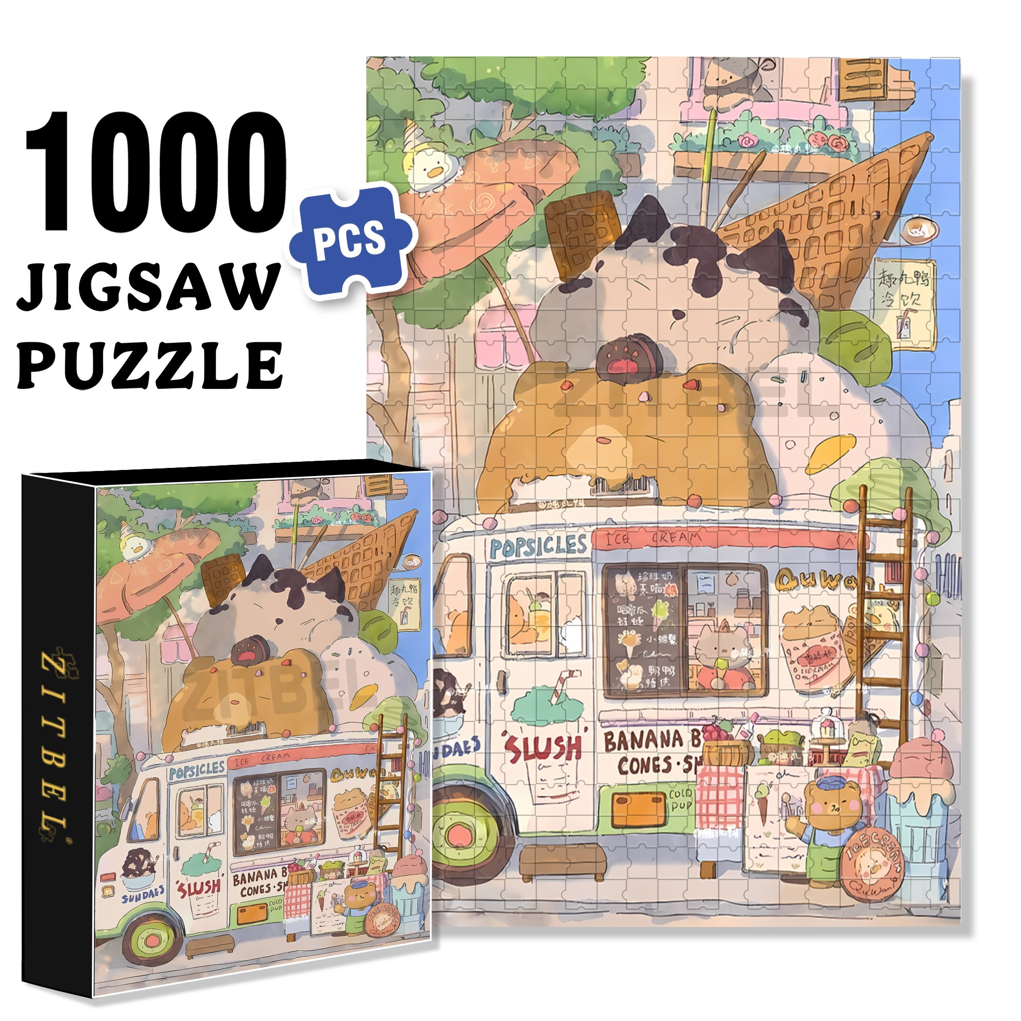 Duck Ice Cream Truck 500pcs/1000pcs Jigsaw Puzzle, Scratch-Resistant, Interactive Family Game & Brain-Boosting DIY Decor, Perfect for Halloween, Christmas & New Year Gifts, Family Puzzle Game