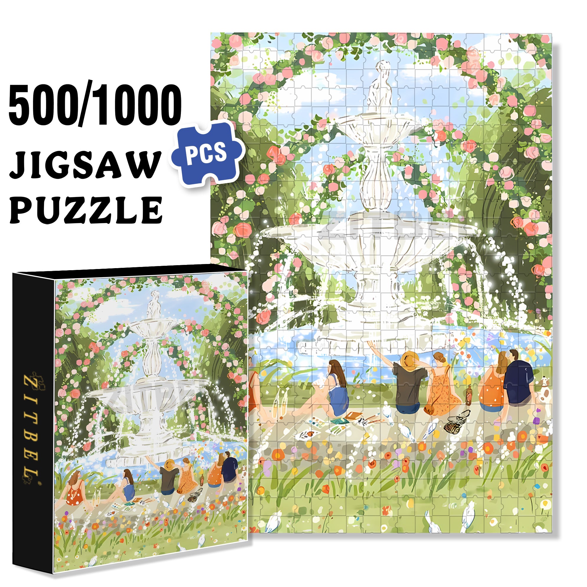 Fountain Of Happiness 500pcs/1000pcs Jigsaw Puzzle, Scratch-Resistant, Interactive Family Game & Brain-Boosting DIY Decor, Perfect for Halloween, Christmas & New Year Gifts, Family Puzzle Game