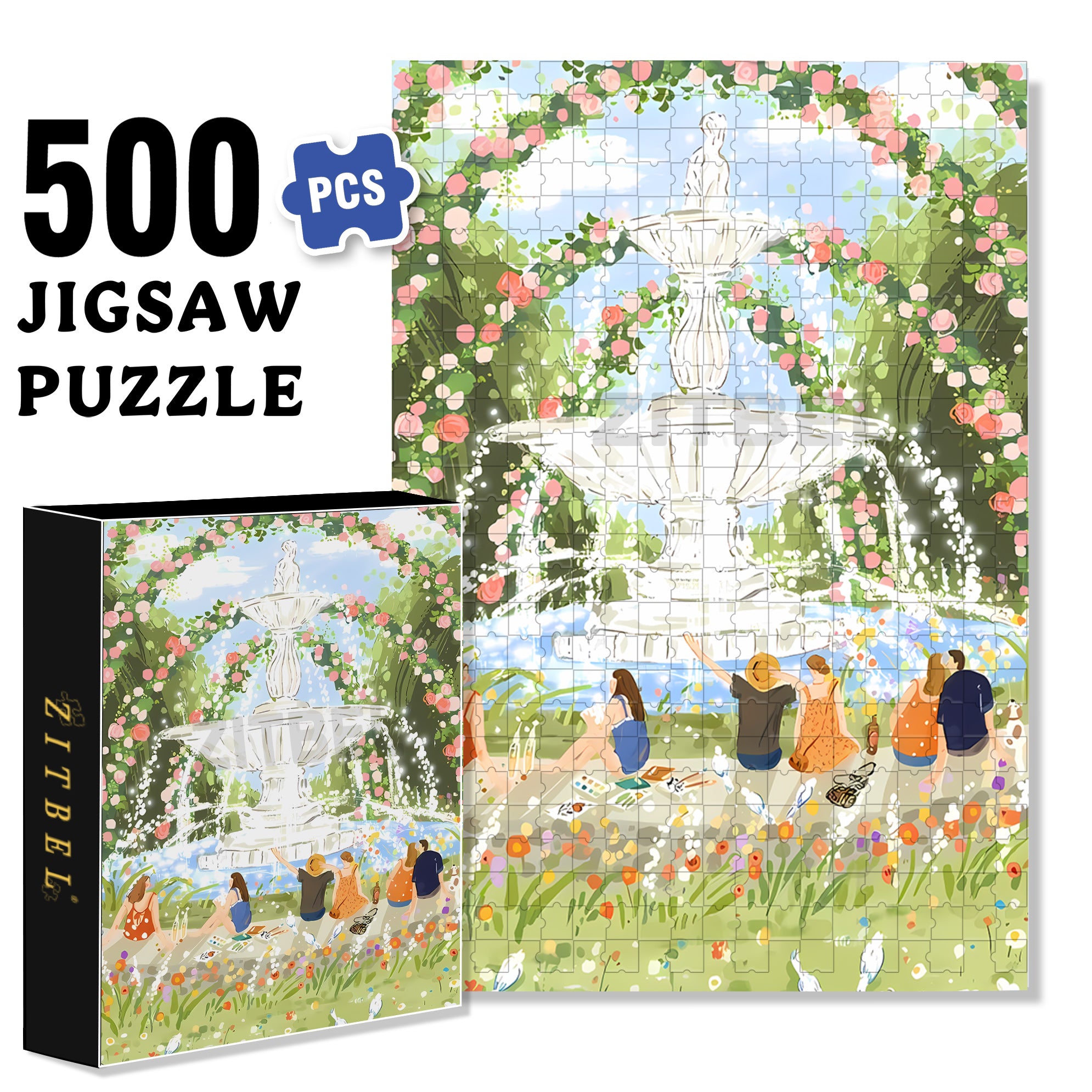 Fountain Of Happiness 500pcs/1000pcs Jigsaw Puzzle, Scratch-Resistant, Interactive Family Game & Brain-Boosting DIY Decor, Perfect for Halloween, Christmas & New Year Gifts, Family Puzzle Game