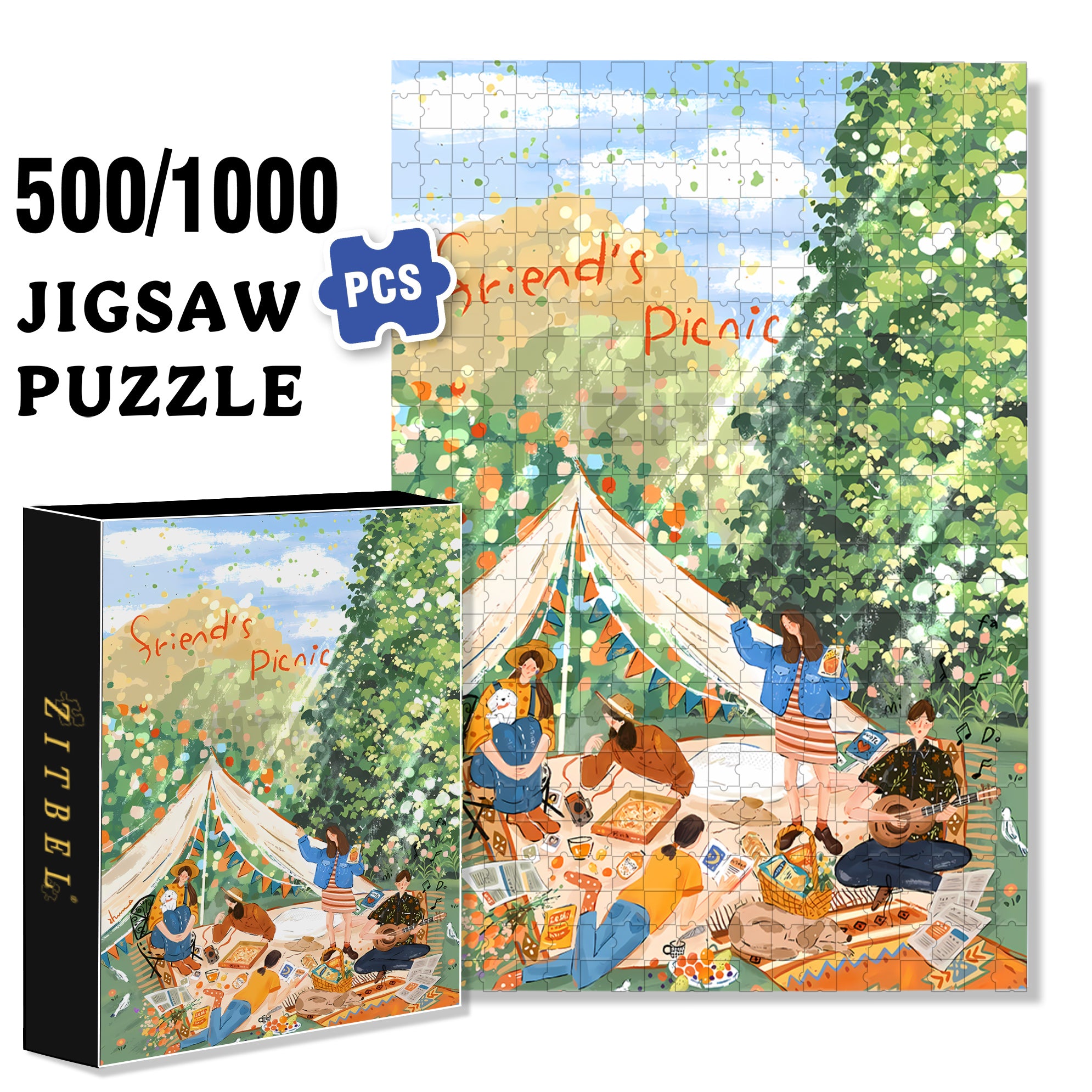 Friend's Picnic 500pcs/1000pcs Jigsaw Puzzle, Scratch-Resistant, Interactive Family Game & Brain-Boosting DIY Decor, Perfect for Halloween, Christmas & New Year Gifts, Family Puzzle Game