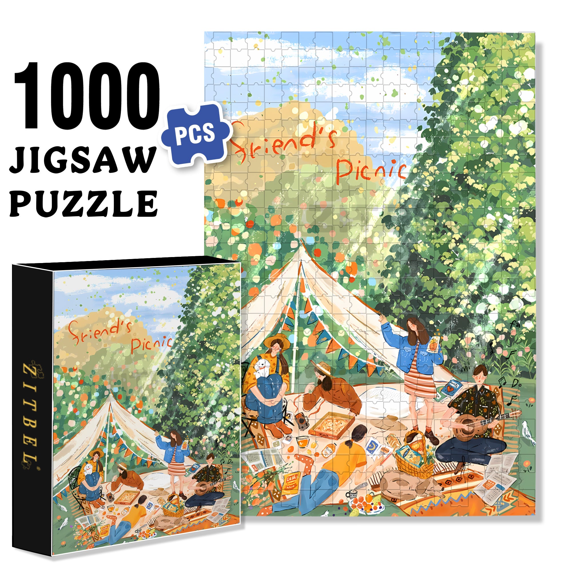 Friend's Picnic 500pcs/1000pcs Jigsaw Puzzle, Scratch-Resistant, Interactive Family Game & Brain-Boosting DIY Decor, Perfect for Halloween, Christmas & New Year Gifts, Family Puzzle Game