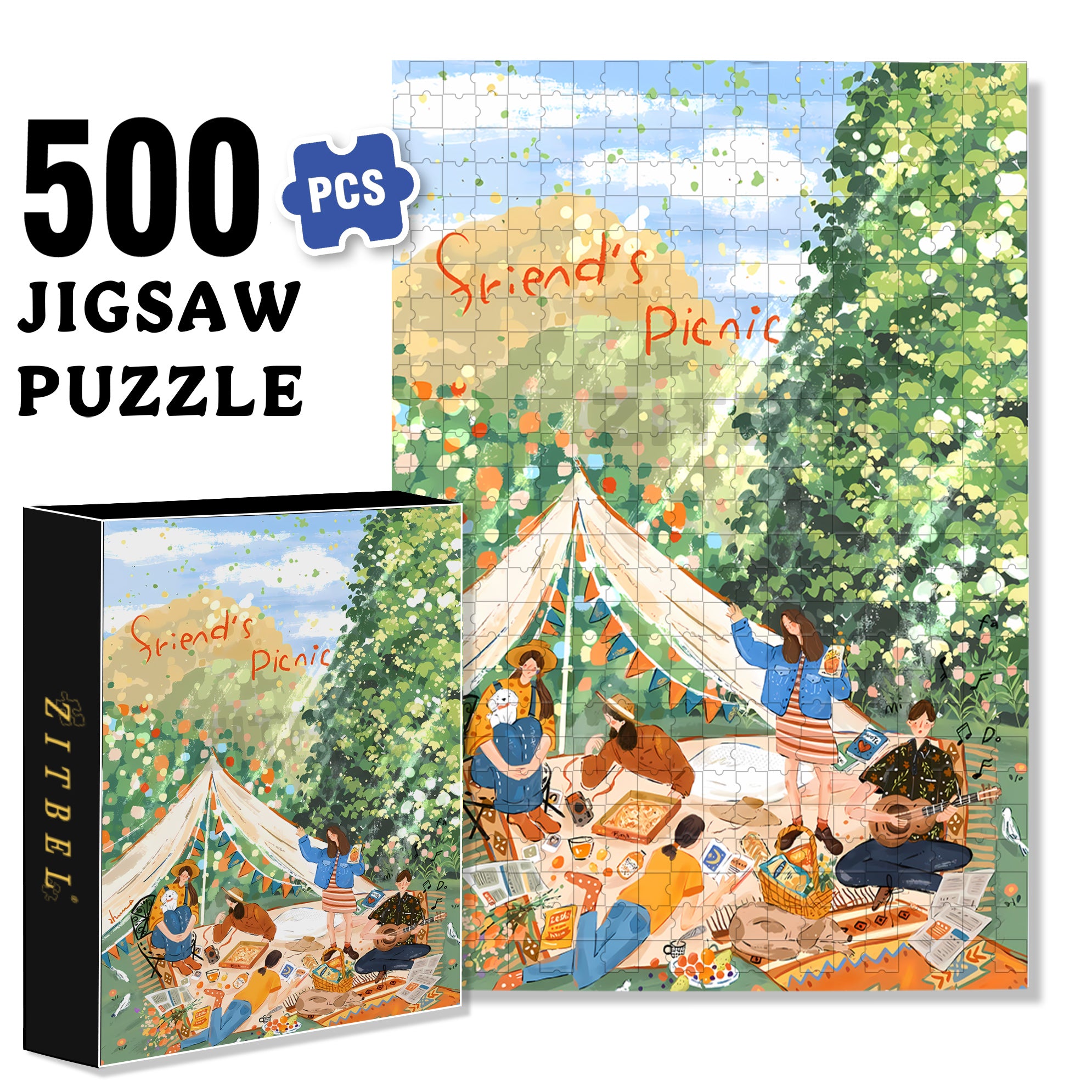 Friend's Picnic 500pcs/1000pcs Jigsaw Puzzle, Scratch-Resistant, Interactive Family Game & Brain-Boosting DIY Decor, Perfect for Halloween, Christmas & New Year Gifts, Family Puzzle Game