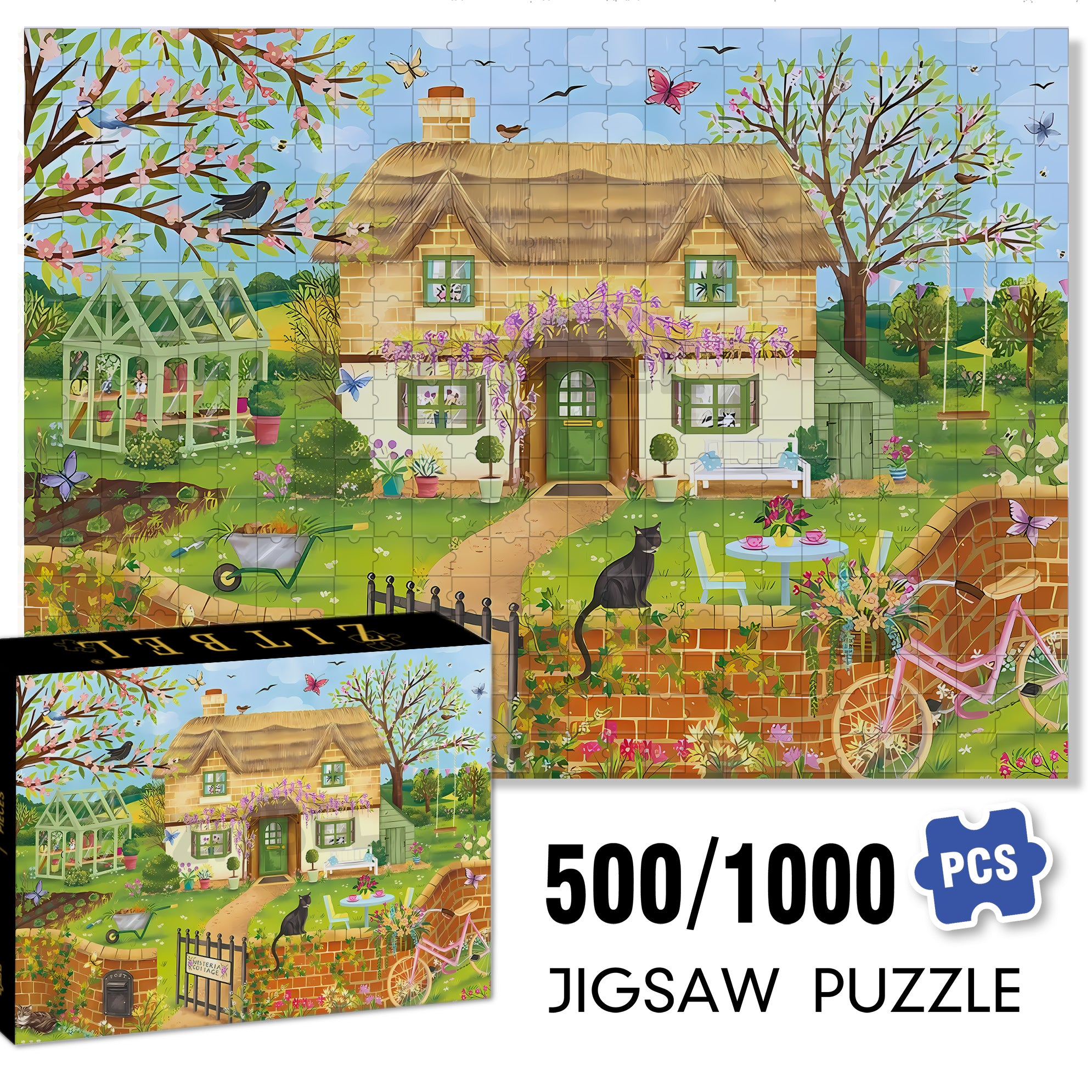 Garden Cats 500pcs/1000pcs Jigsaw Puzzle, Scratch-Resistant, Interactive Family Game & Brain-Boosting DIY Decor, Perfect for Halloween, Christmas & New Year Gifts, Family Puzzle Game