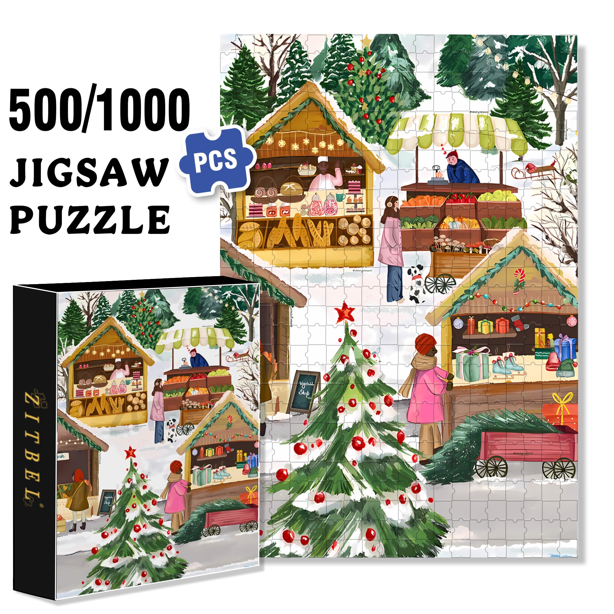 Holiday Market 500pcs/1000pcs Jigsaw Puzzle, Scratch-Resistant, Interactive Family Game & Brain-Boosting DIY Decor, Perfect for Halloween, Christmas & New Year Gifts, Family Puzzle Game