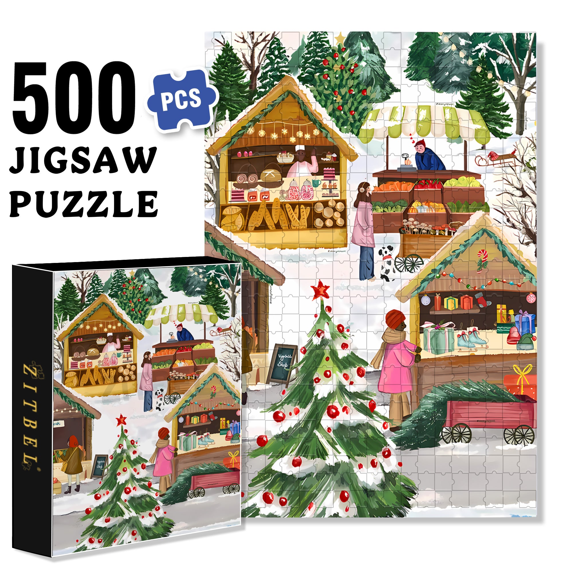 Holiday Market 500pcs/1000pcs Jigsaw Puzzle, Scratch-Resistant, Interactive Family Game & Brain-Boosting DIY Decor, Perfect for Halloween, Christmas & New Year Gifts, Family Puzzle Game