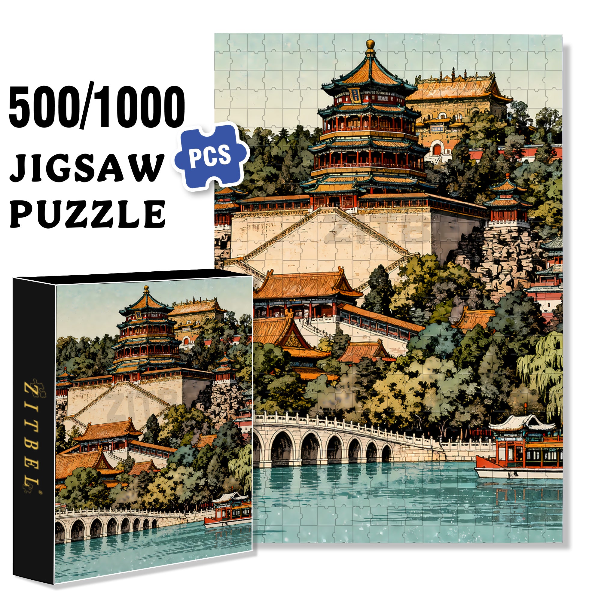 Summer Palace 500pcs/1000pcs Jigsaw Puzzle, Scratch-Resistant, Interactive Family Game & Brain-Boosting DIY Decor, Perfect for Halloween, Christmas & New Year Gifts, Family Puzzle Game