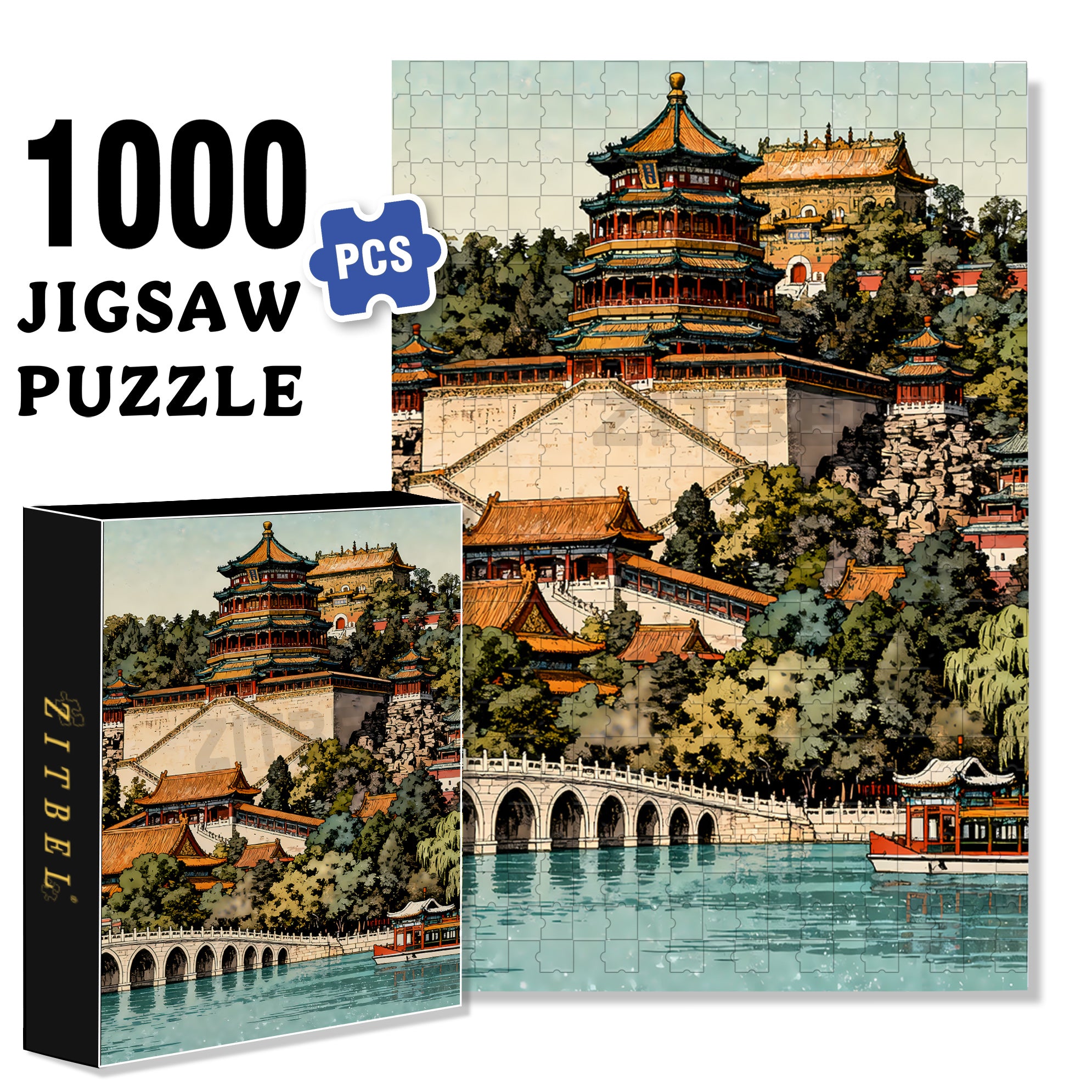 Summer Palace 500pcs/1000pcs Jigsaw Puzzle, Scratch-Resistant, Interactive Family Game & Brain-Boosting DIY Decor, Perfect for Halloween, Christmas & New Year Gifts, Family Puzzle Game