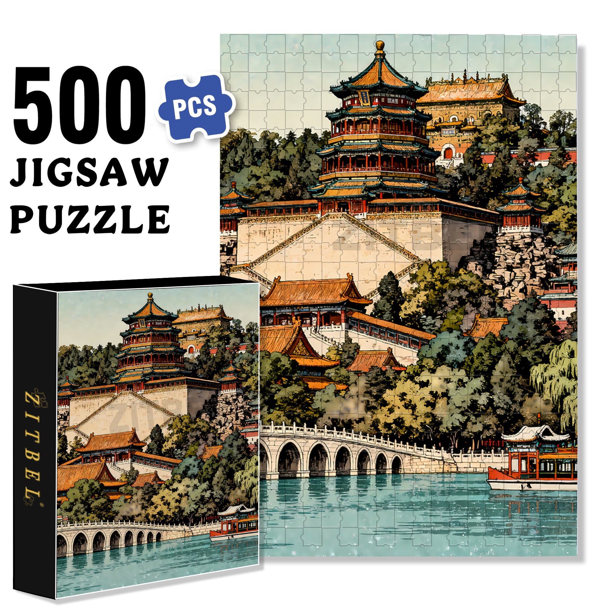 Summer Palace 500pcs/1000pcs Jigsaw Puzzle, Scratch-Resistant, Interactive Family Game & Brain-Boosting DIY Decor, Perfect for Halloween, Christmas & New Year Gifts, Family Puzzle Game