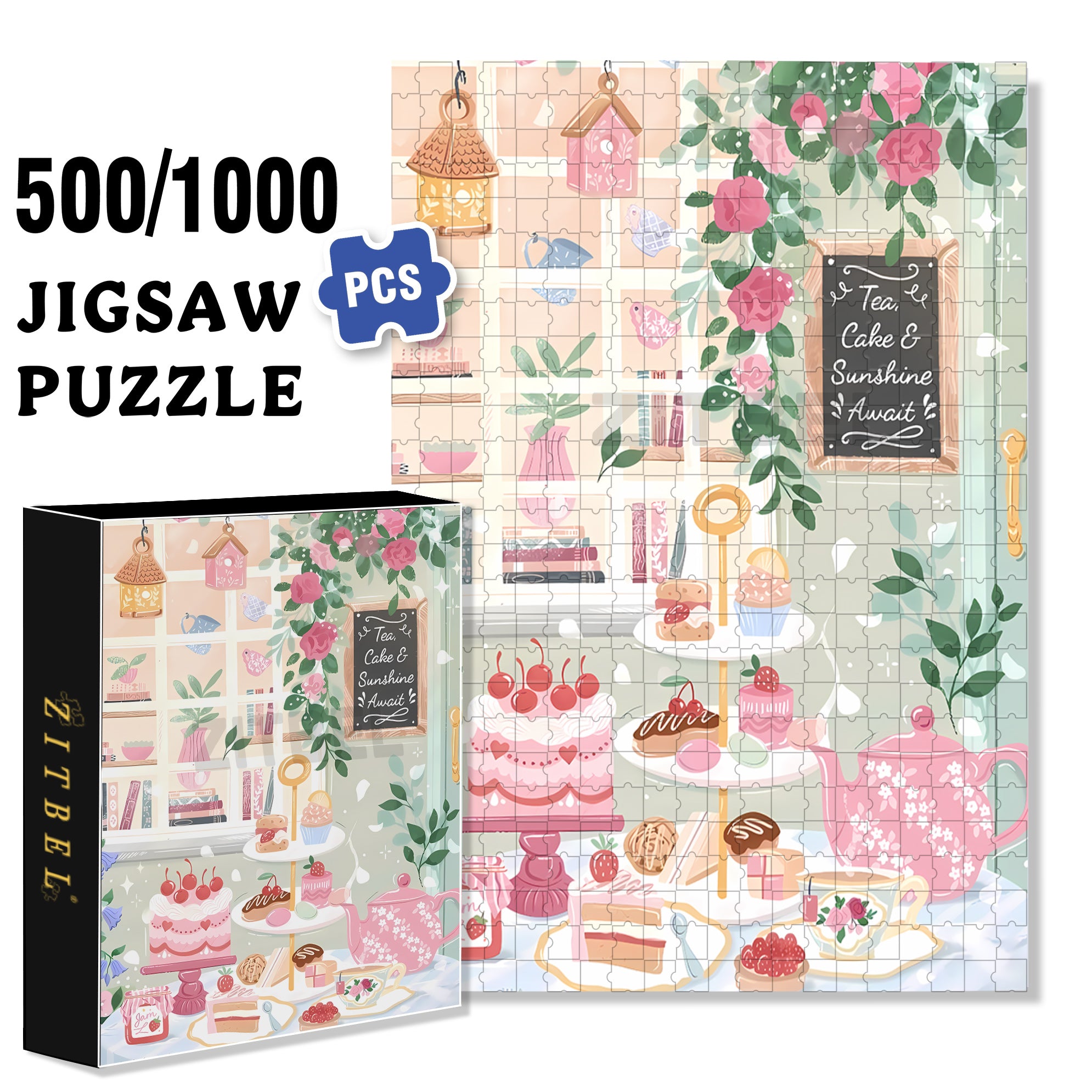 Tea & Cake 500pcs/1000pcs Jigsaw Puzzle, Scratch-Resistant, Interactive Family Game & Brain-Boosting DIY Decor, Perfect for Halloween, Christmas & New Year Gifts, Family Puzzle Game