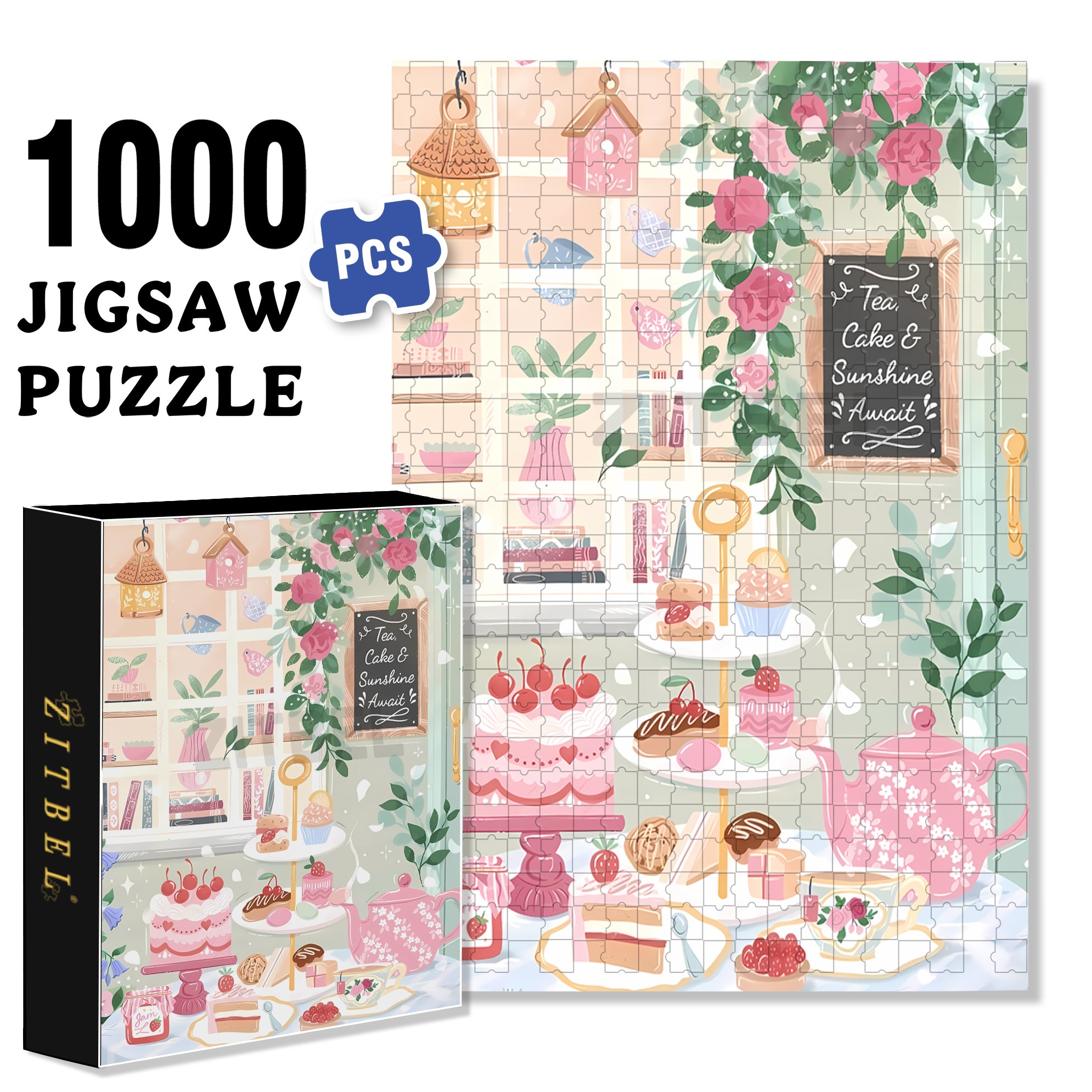 Tea & Cake 500pcs/1000pcs Jigsaw Puzzle, Scratch-Resistant, Interactive Family Game & Brain-Boosting DIY Decor, Perfect for Halloween, Christmas & New Year Gifts, Family Puzzle Game
