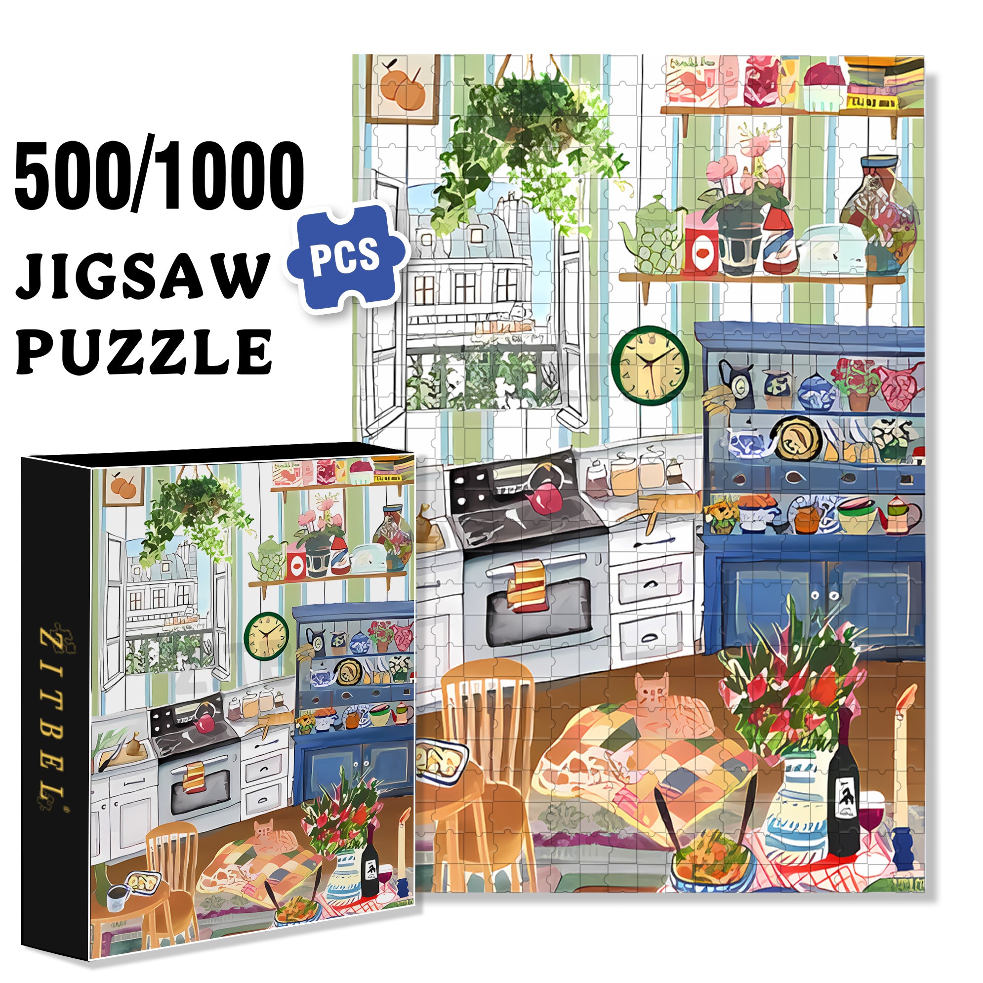Mia's Kitchen 500pcs/1000pcs Jigsaw Puzzle, Scratch-Resistant, Interactive Family Game & Brain-Boosting DIY Decor, Perfect for Halloween, Christmas & New Year Gifts, Family Puzzle Game