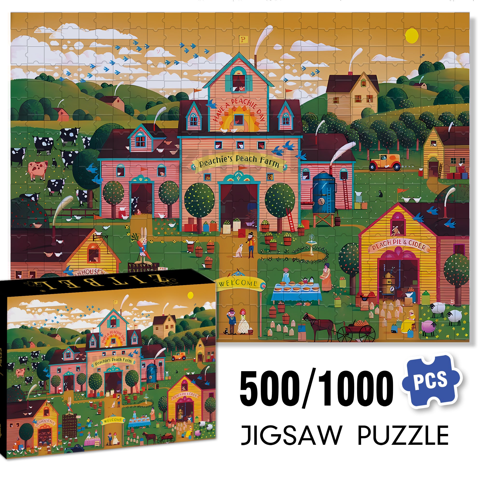 Peachie's Peach Farm 500pcs/1000pcs Jigsaw Puzzle, Scratch-Resistant, Interactive Family Game & Brain-Boosting DIY Decor, Perfect for Halloween, Christmas & New Year Gifts, Family Puzzle Game