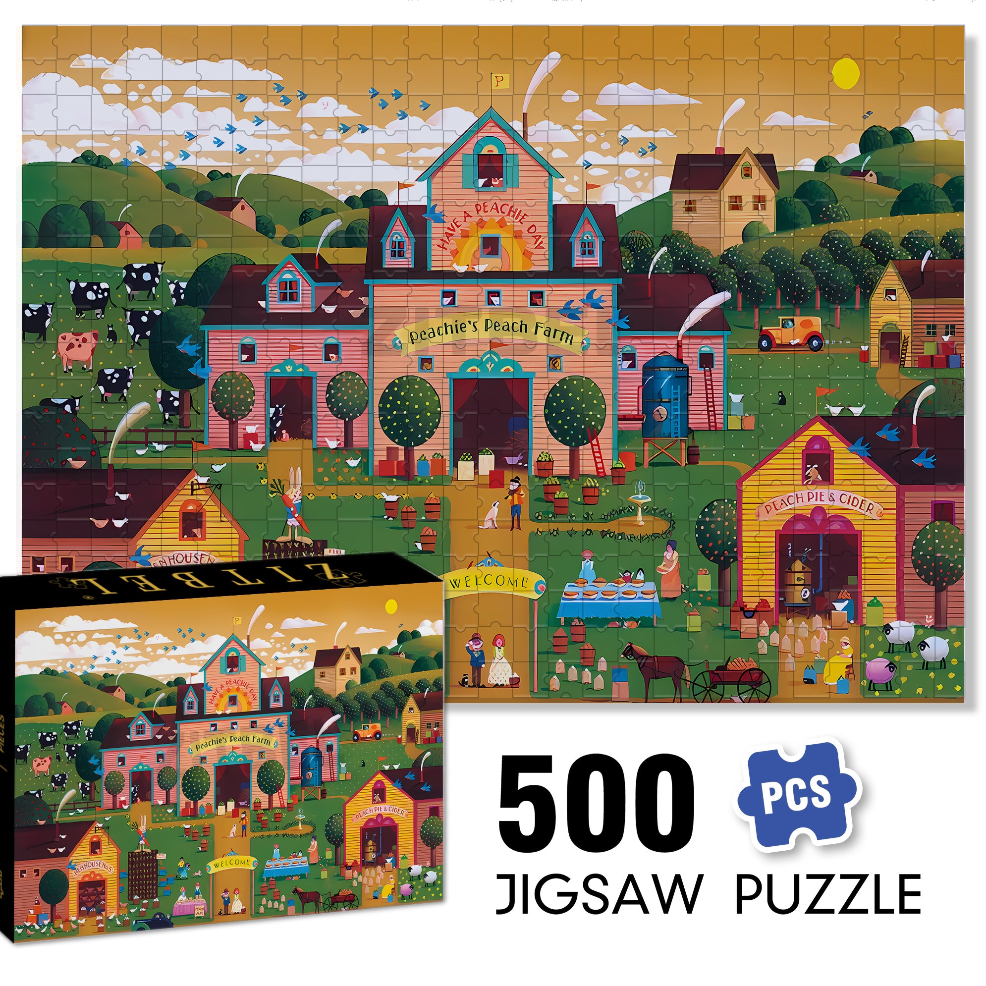 Peachie's Peach Farm 500pcs/1000pcs Jigsaw Puzzle, Scratch-Resistant, Interactive Family Game & Brain-Boosting DIY Decor, Perfect for Halloween, Christmas & New Year Gifts, Family Puzzle Game