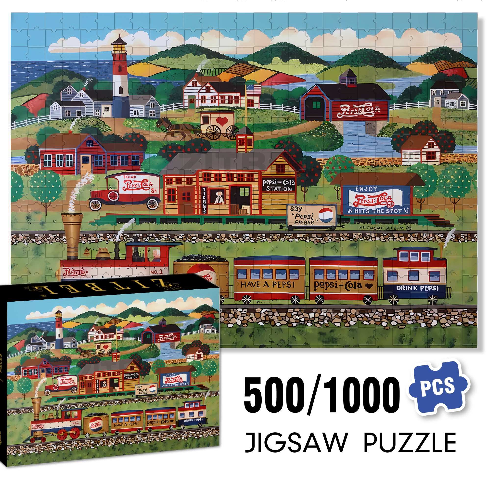 Pepsi Cola Train Station 500pcs/1000pcs Jigsaw Puzzle, Scratch-Resistant, Interactive Family Game & Brain-Boosting DIY Decor, Perfect for Halloween, Christmas & New Year Gifts, Family Puzzle Game