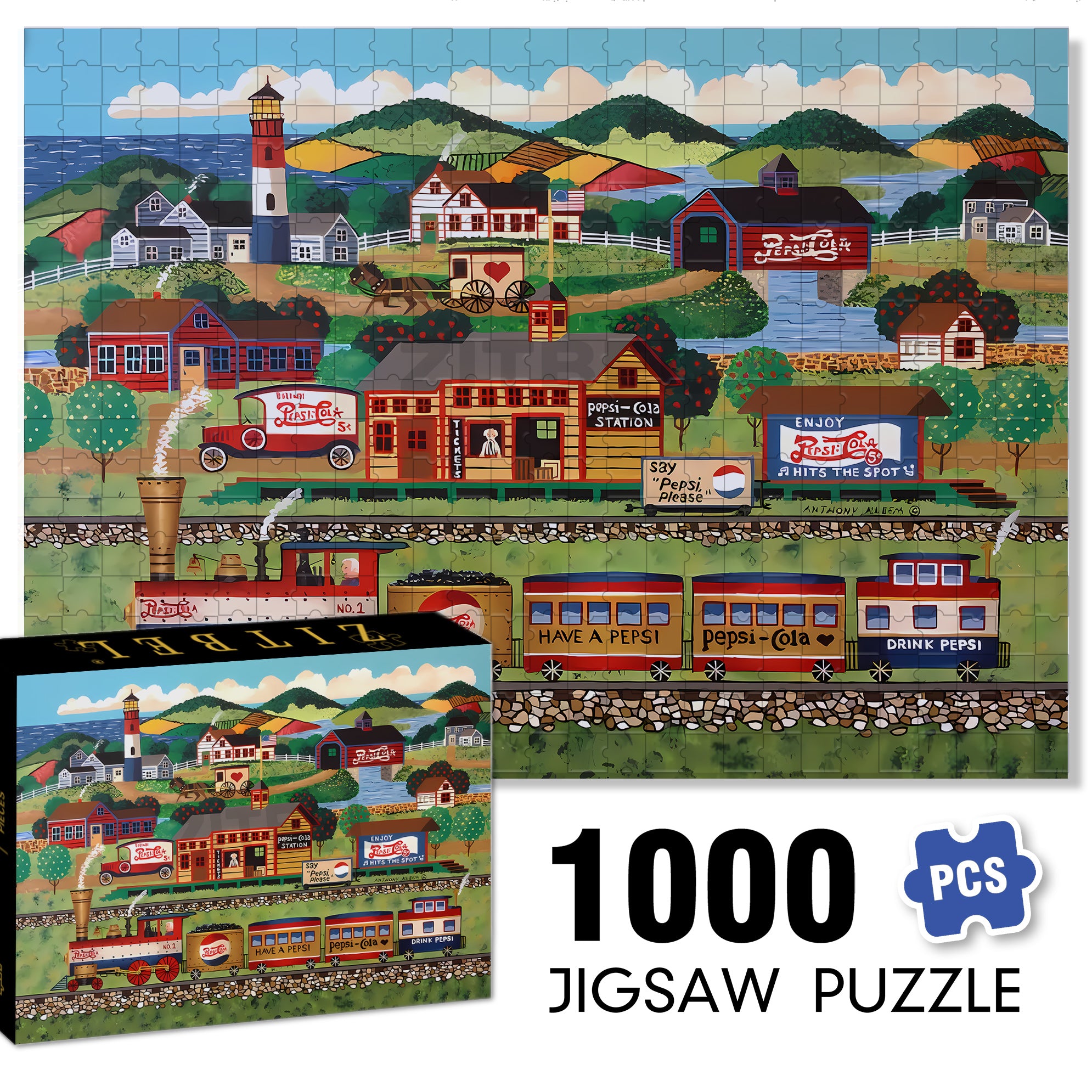 Pepsi Cola Train Station 500pcs/1000pcs Jigsaw Puzzle, Scratch-Resistant, Interactive Family Game & Brain-Boosting DIY Decor, Perfect for Halloween, Christmas & New Year Gifts, Family Puzzle Game