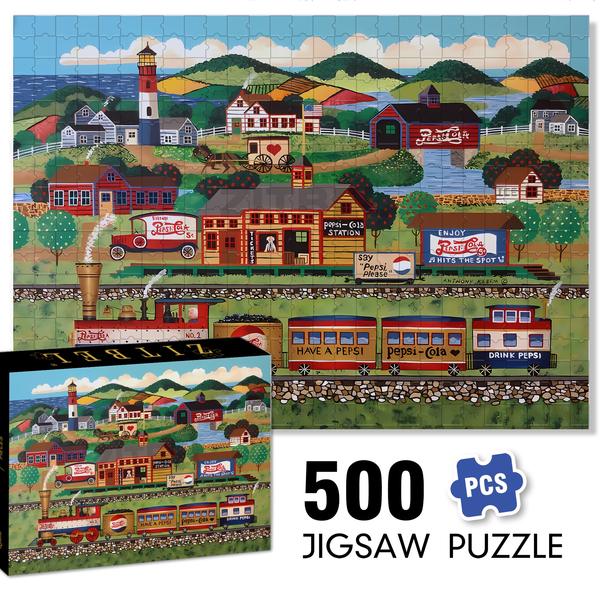 Pepsi Cola Train Station 500pcs/1000pcs Jigsaw Puzzle, Scratch-Resistant, Interactive Family Game & Brain-Boosting DIY Decor, Perfect for Halloween, Christmas & New Year Gifts, Family Puzzle Game