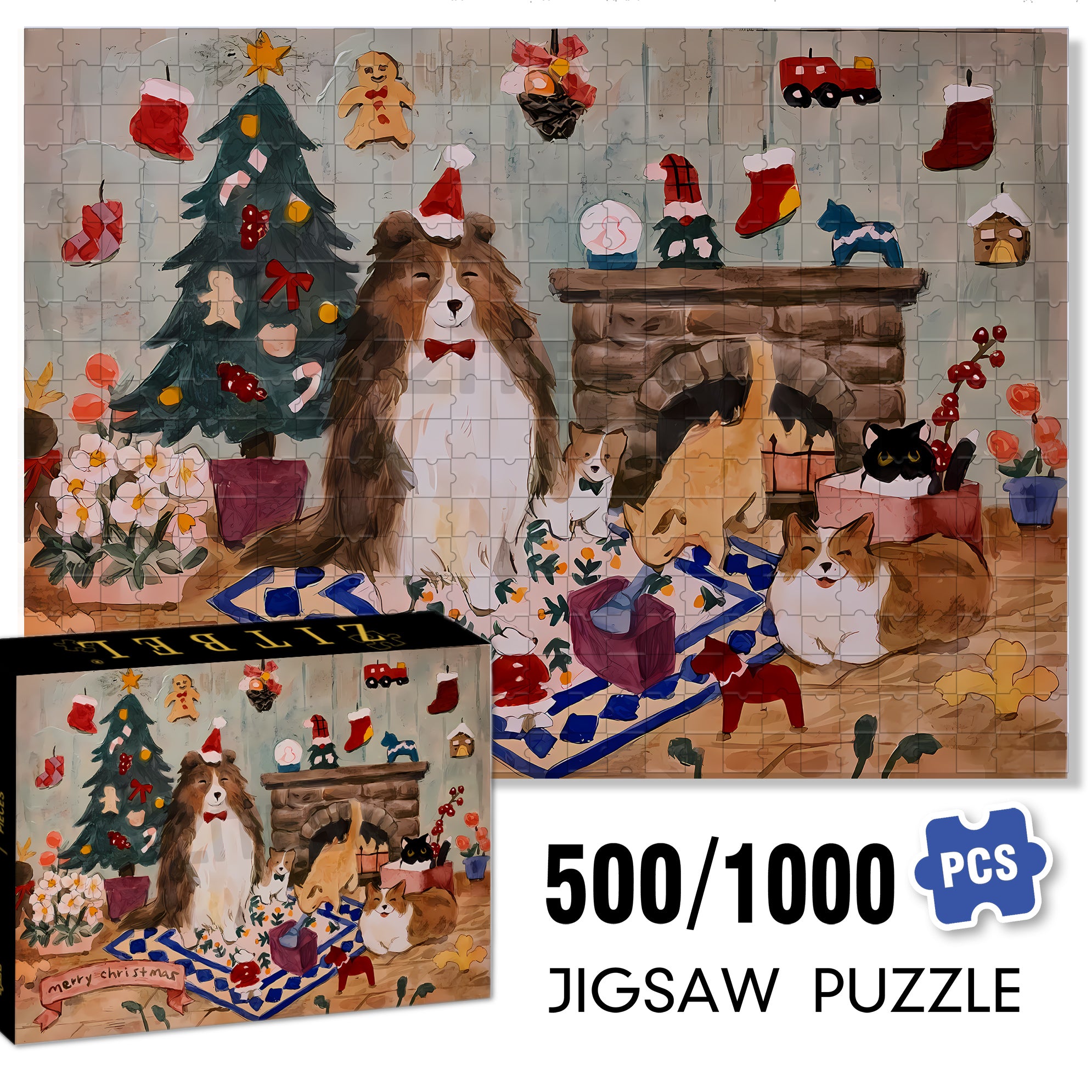 Pets Christmas 500pcs/1000pcs Jigsaw Puzzle, Scratch-Resistant, Interactive Family Game & Brain-Boosting DIY Decor, Perfect for Halloween, Christmas & New Year Gifts, Family Puzzle Game