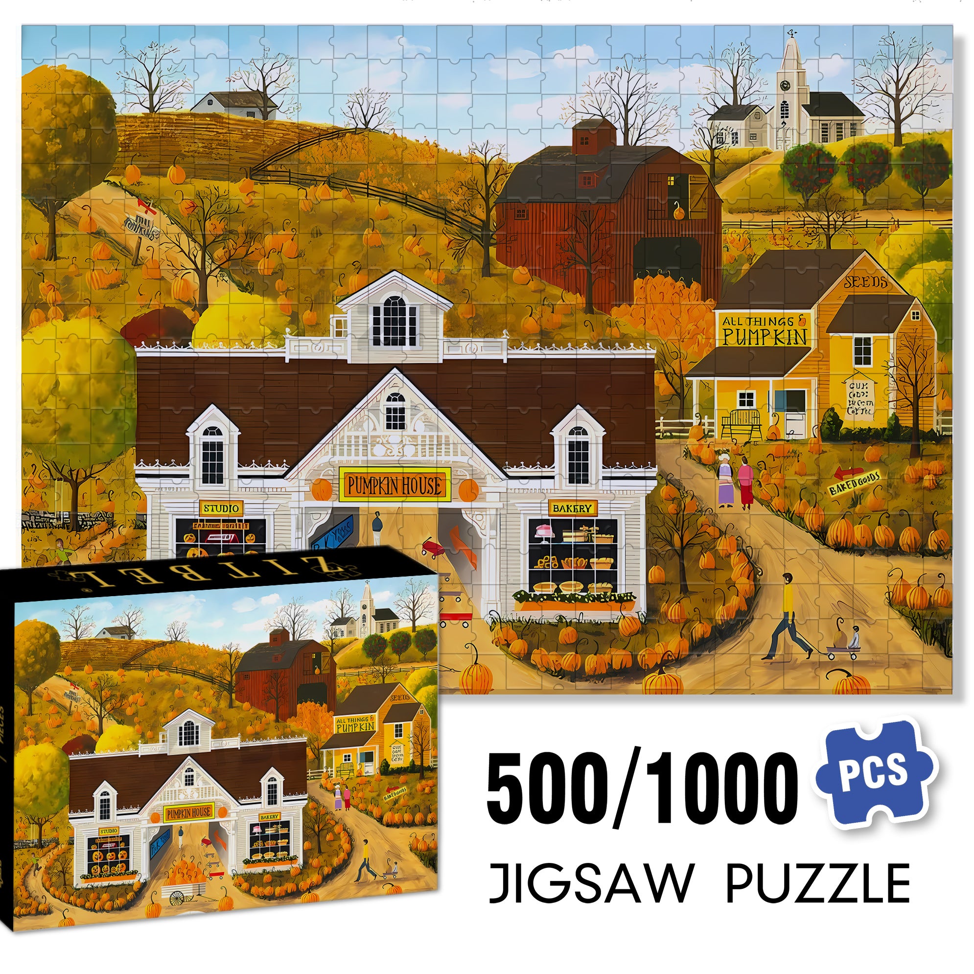 Pumpkin House 2 500pcs/1000pcs Jigsaw Puzzle, Scratch-Resistant, Interactive Family Game & Brain-Boosting DIY Decor, Perfect for Halloween, Christmas & New Year Gifts, Family Puzzle Game