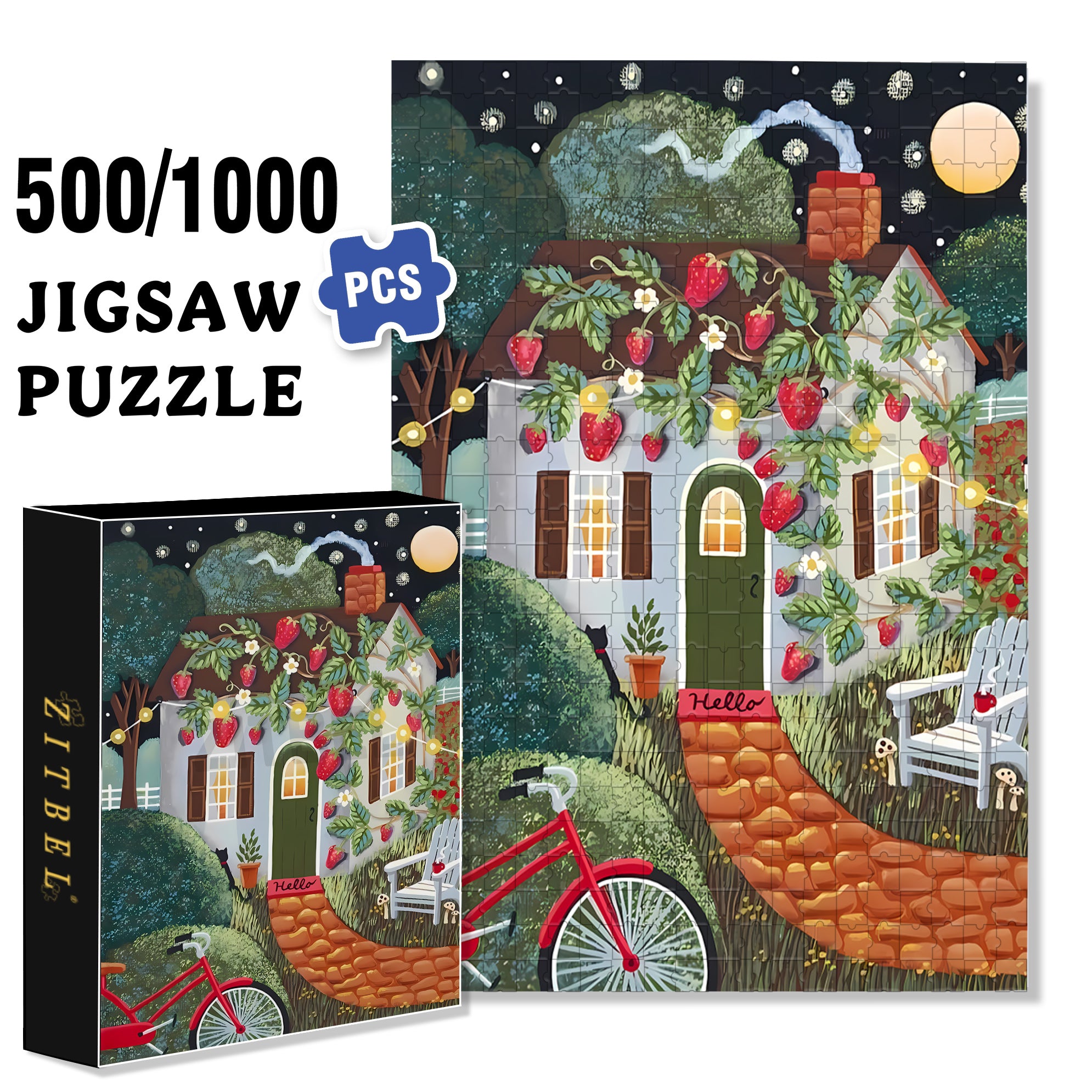 Strawberry Cottage 500pcs/1000pcs Jigsaw Puzzle, Scratch-Resistant, Interactive Family Game & Brain-Boosting DIY Decor, Perfect for Halloween, Christmas & New Year Gifts, Family Puzzle Game
