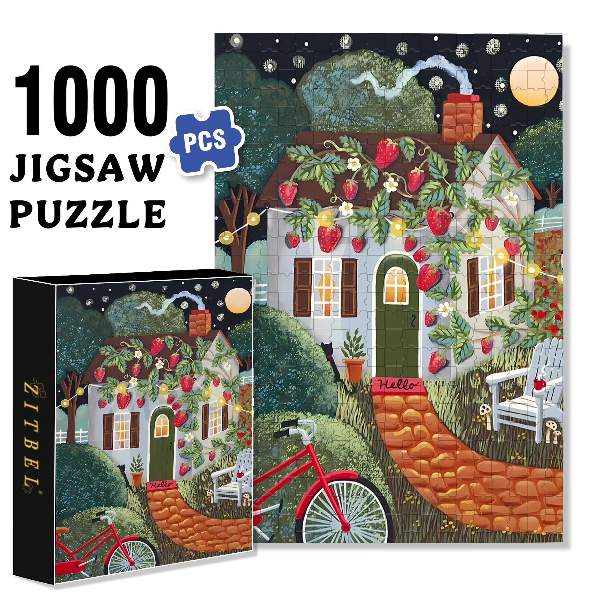 Strawberry Cottage 500pcs/1000pcs Jigsaw Puzzle, Scratch-Resistant, Interactive Family Game & Brain-Boosting DIY Decor, Perfect for Halloween, Christmas & New Year Gifts, Family Puzzle Game