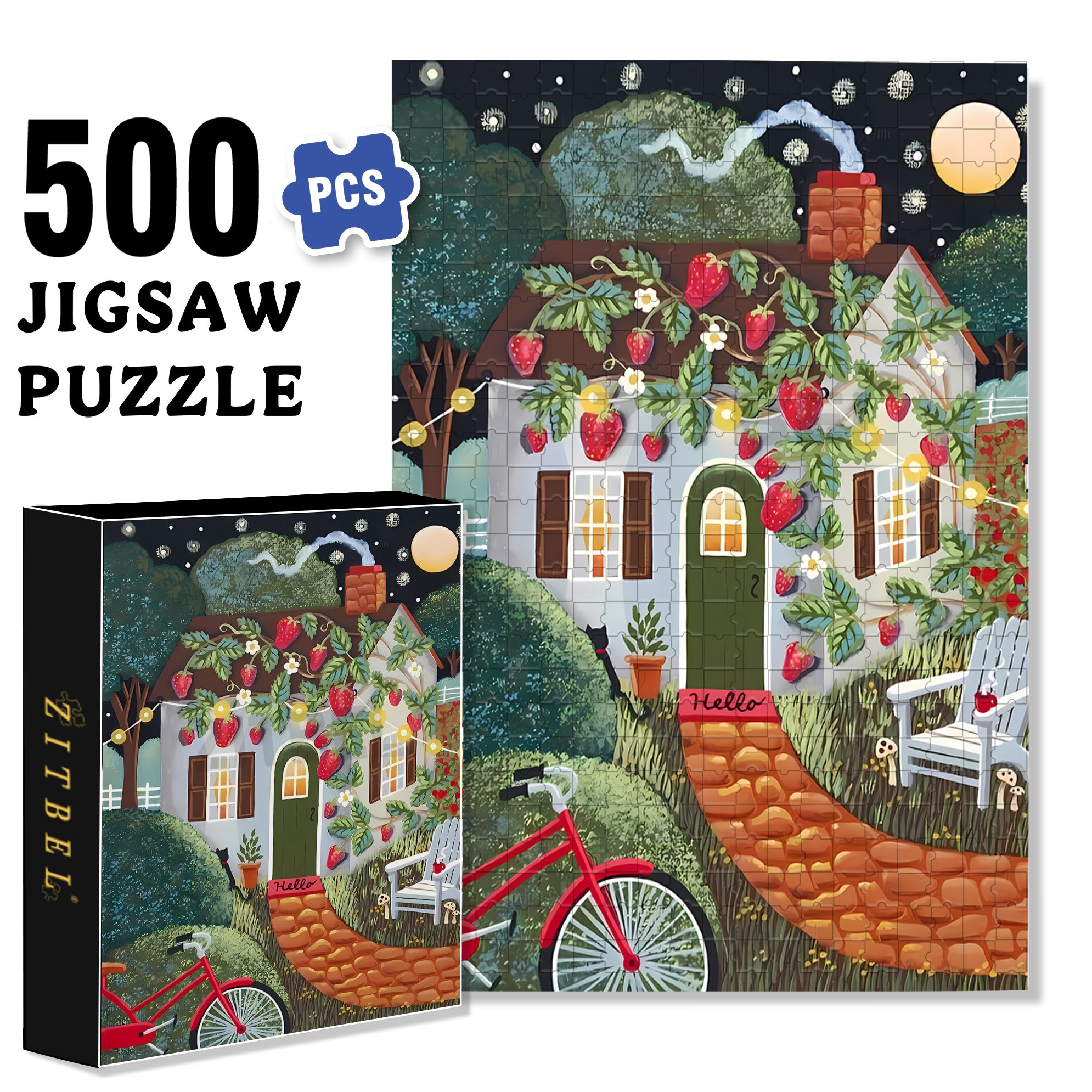 Strawberry Cottage 500pcs/1000pcs Jigsaw Puzzle, Scratch-Resistant, Interactive Family Game & Brain-Boosting DIY Decor, Perfect for Halloween, Christmas & New Year Gifts, Family Puzzle Game