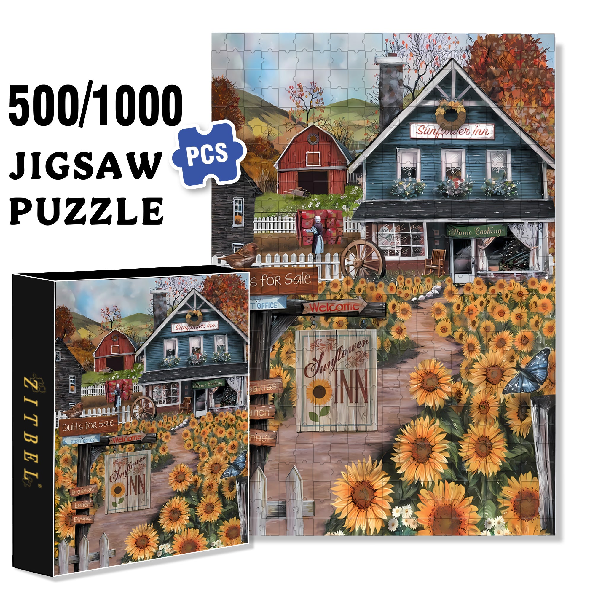 The Sunflower Inn 500pcs/1000pcs Jigsaw Puzzle, Scratch-Resistant, Interactive Family Game & Brain-Boosting DIY Decor, Perfect for Halloween, Christmas & New Year Gifts, Family Puzzle Game