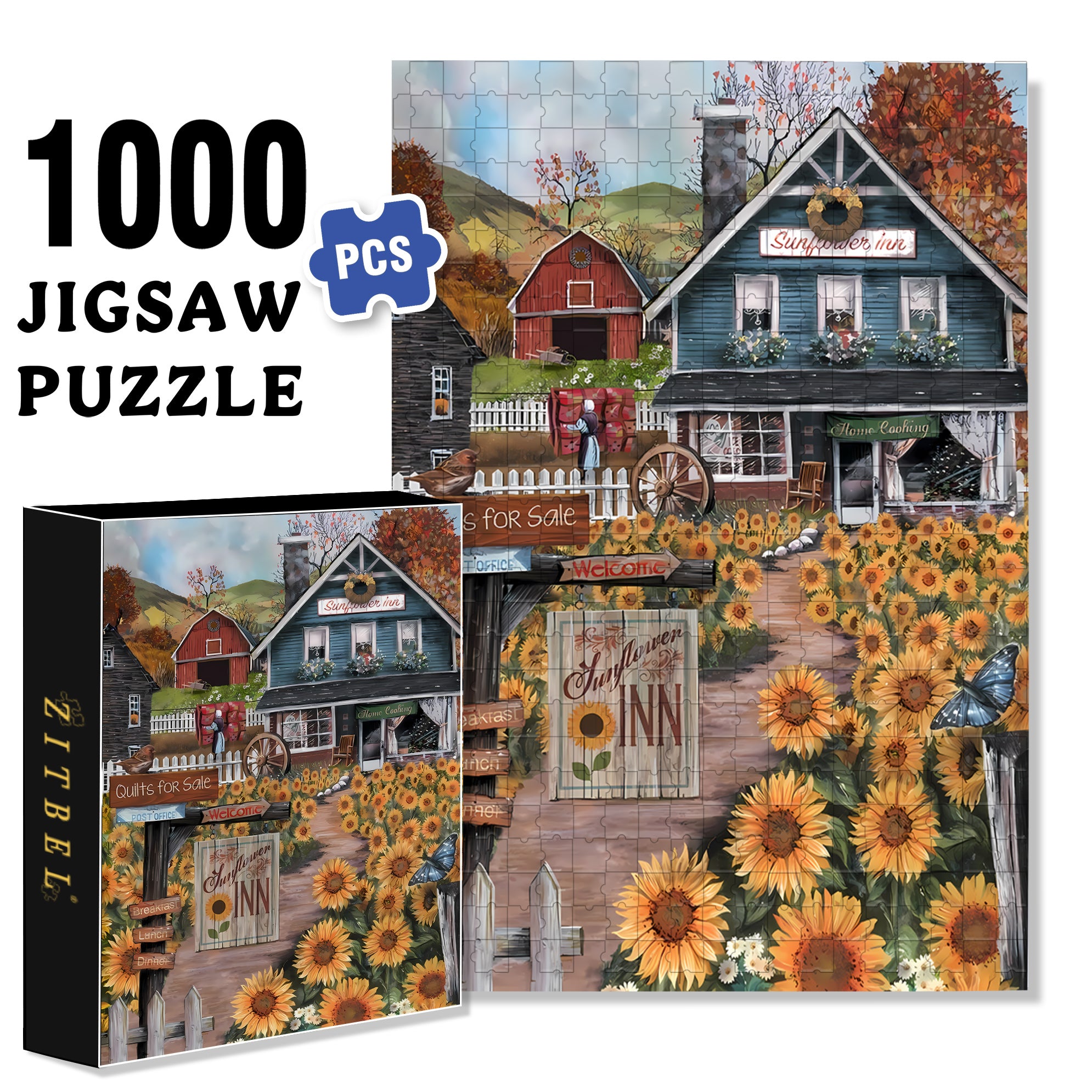 The Sunflower Inn 500pcs/1000pcs Jigsaw Puzzle, Scratch-Resistant, Interactive Family Game & Brain-Boosting DIY Decor, Perfect for Halloween, Christmas & New Year Gifts, Family Puzzle Game