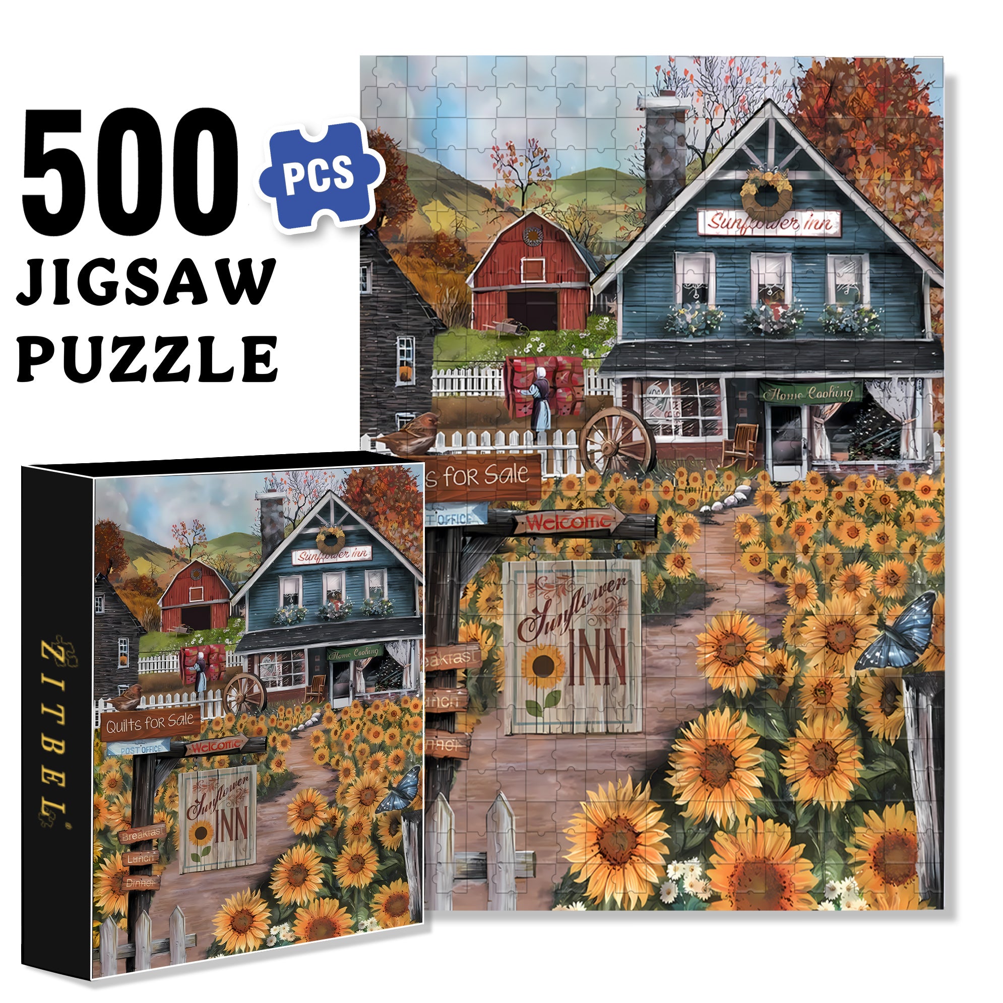 The Sunflower Inn 500pcs/1000pcs Jigsaw Puzzle, Scratch-Resistant, Interactive Family Game & Brain-Boosting DIY Decor, Perfect for Halloween, Christmas & New Year Gifts, Family Puzzle Game