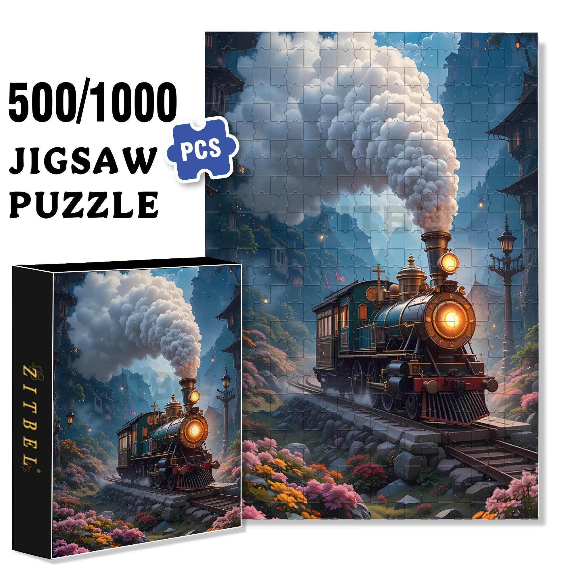 Vintage Train 500pcs/1000pcs Jigsaw Puzzle, Scratch-Resistant, Interactive Family Game & Brain-Boosting DIY Decor, Perfect for Halloween, Christmas & New Year Gifts, Family Puzzle Game
