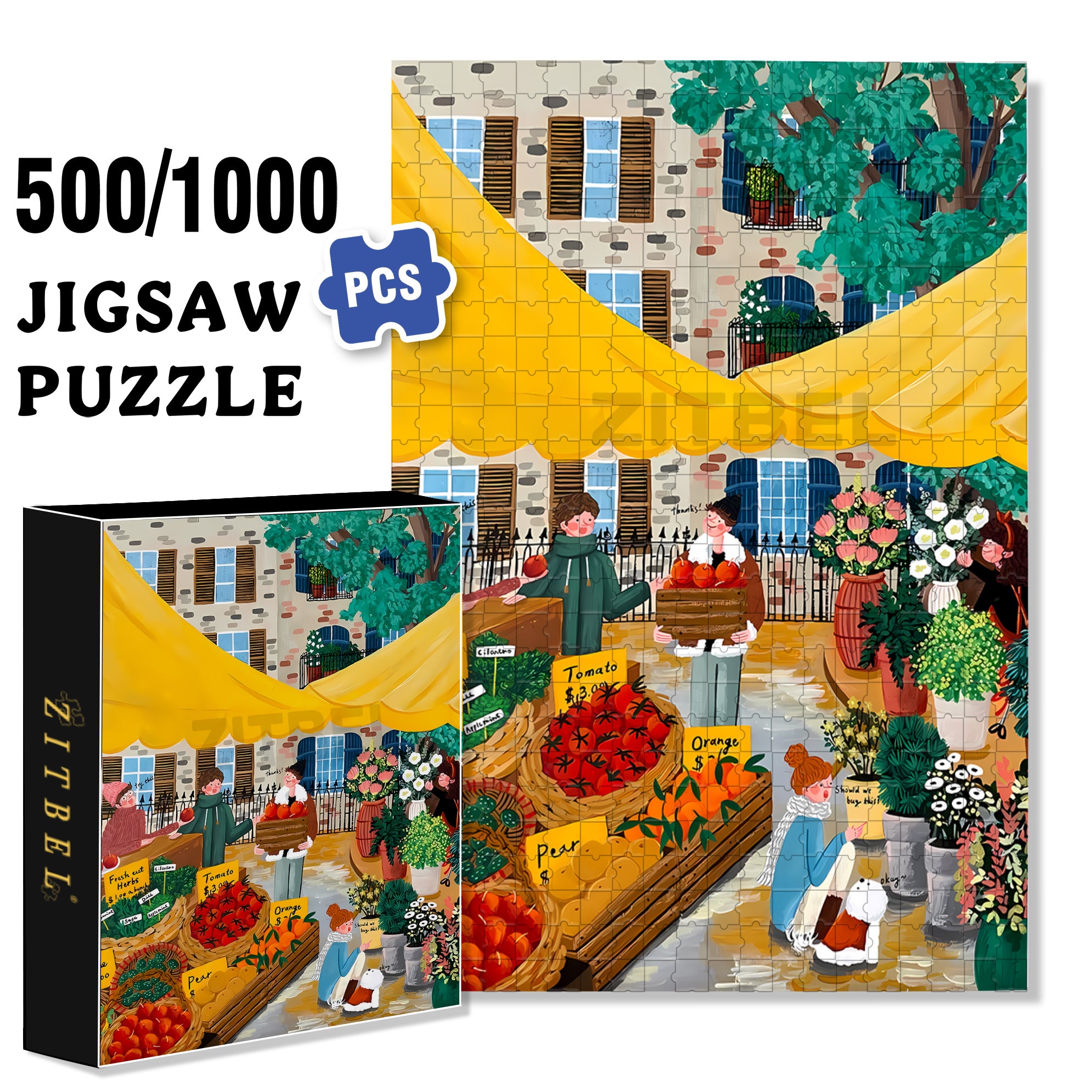 Weekend Market 500pcs/1000pcs Jigsaw Puzzle, Scratch-Resistant, Interactive Family Game & Brain-Boosting DIY Decor, Perfect for Halloween, Christmas & New Year Gifts, Family Puzzle Game