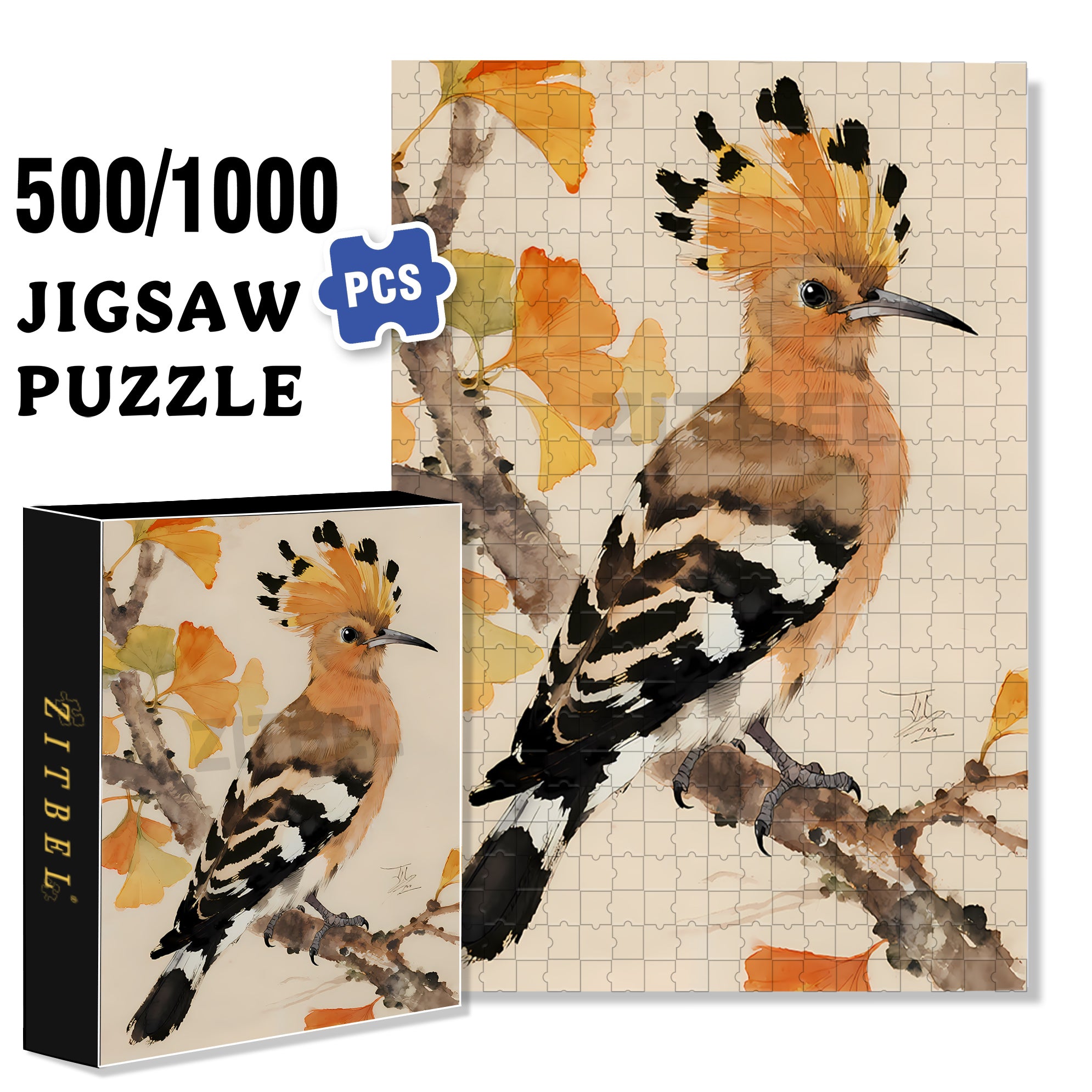 Yellow Hoopoe 500pcs/1000pcs Jigsaw Puzzle, Scratch-Resistant, Interactive Family Game & Brain-Boosting DIY Decor, Perfect for Halloween, Christmas & New Year Gifts, Family Puzzle Game