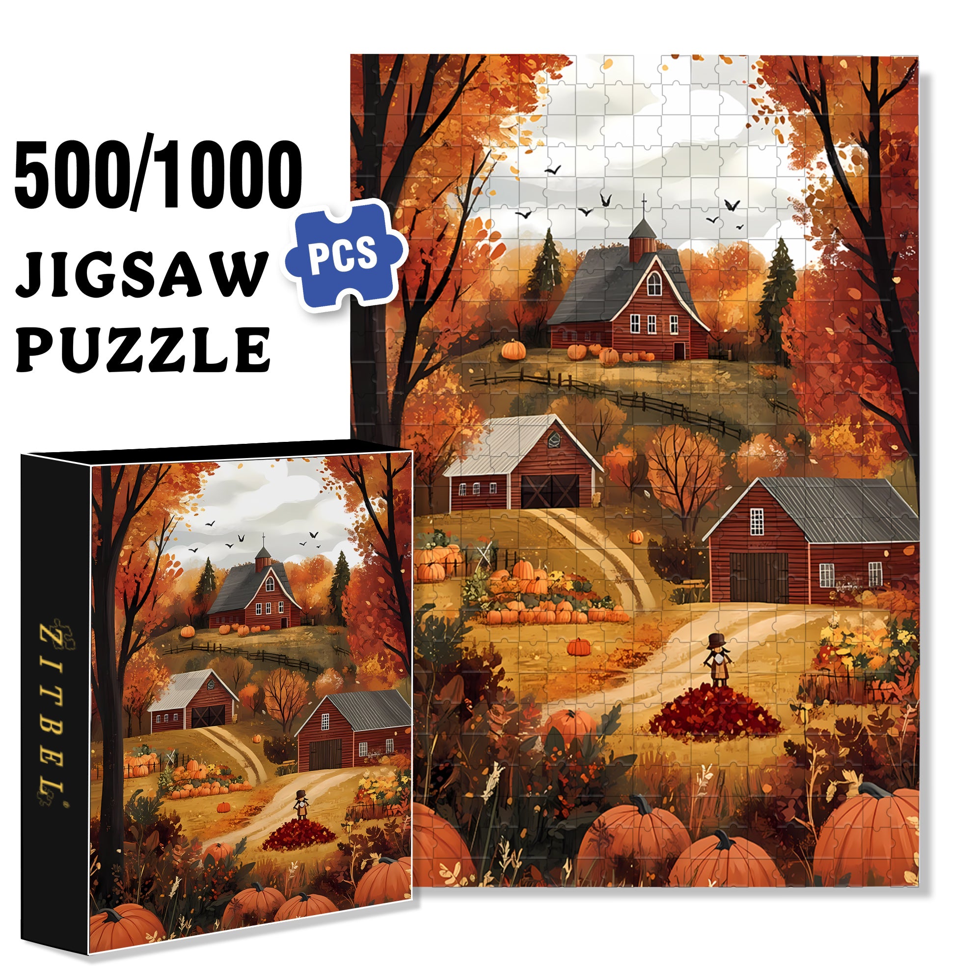 Autumn In The Countryside 500pcs/1000pcs Jigsaw Puzzle, Scratch-Resistant, Interactive Family Game & Brain-Boosting DIY Decor, Perfect for Halloween, Christmas & New Year Gifts, Family Puzzle Game