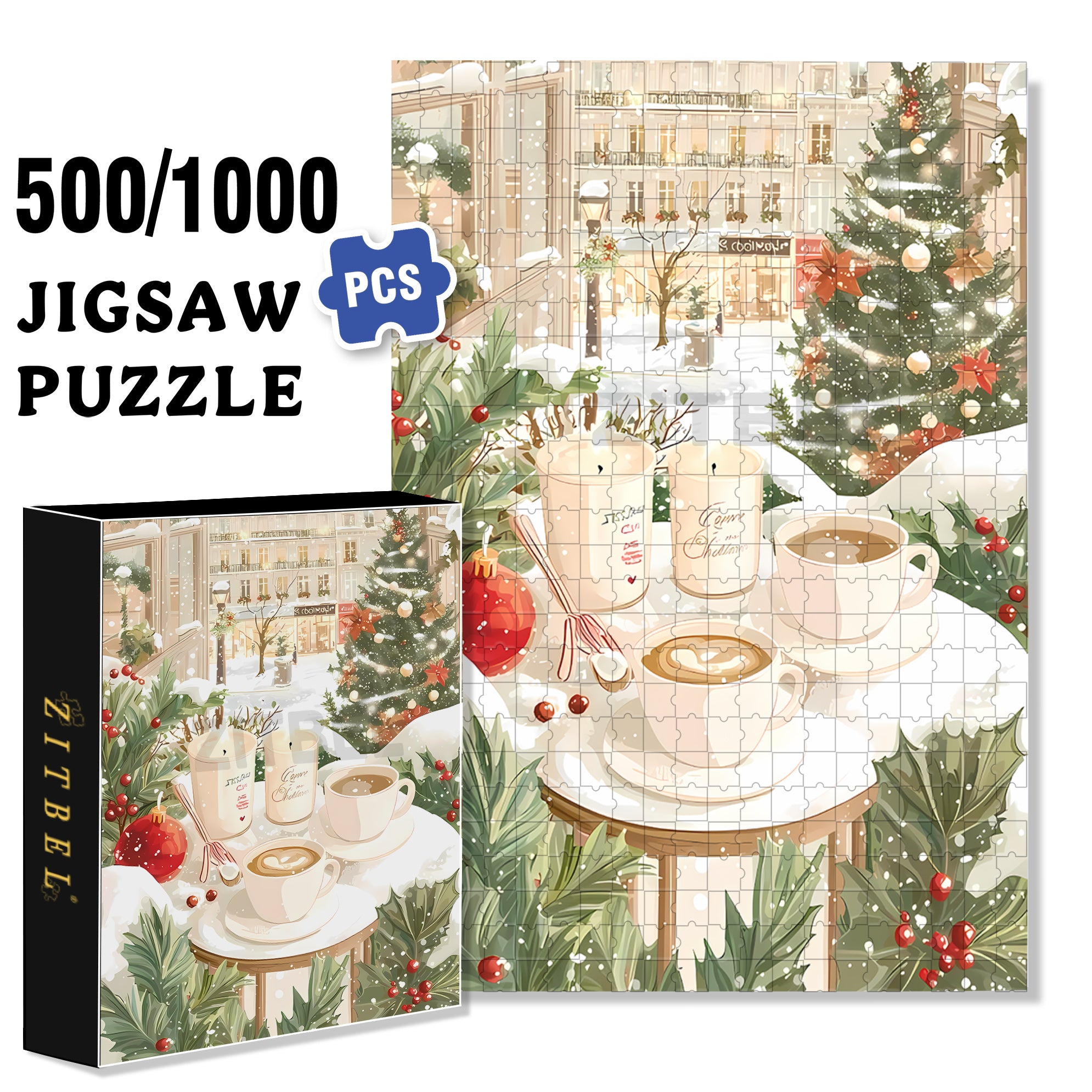 Christmas Coffee 500pcs/1000pcs Jigsaw Puzzle, Scratch-Resistant, Interactive Family Game & Brain-Boosting DIY Decor, Perfect for Halloween, Christmas & New Year Gifts, Family Puzzle Game